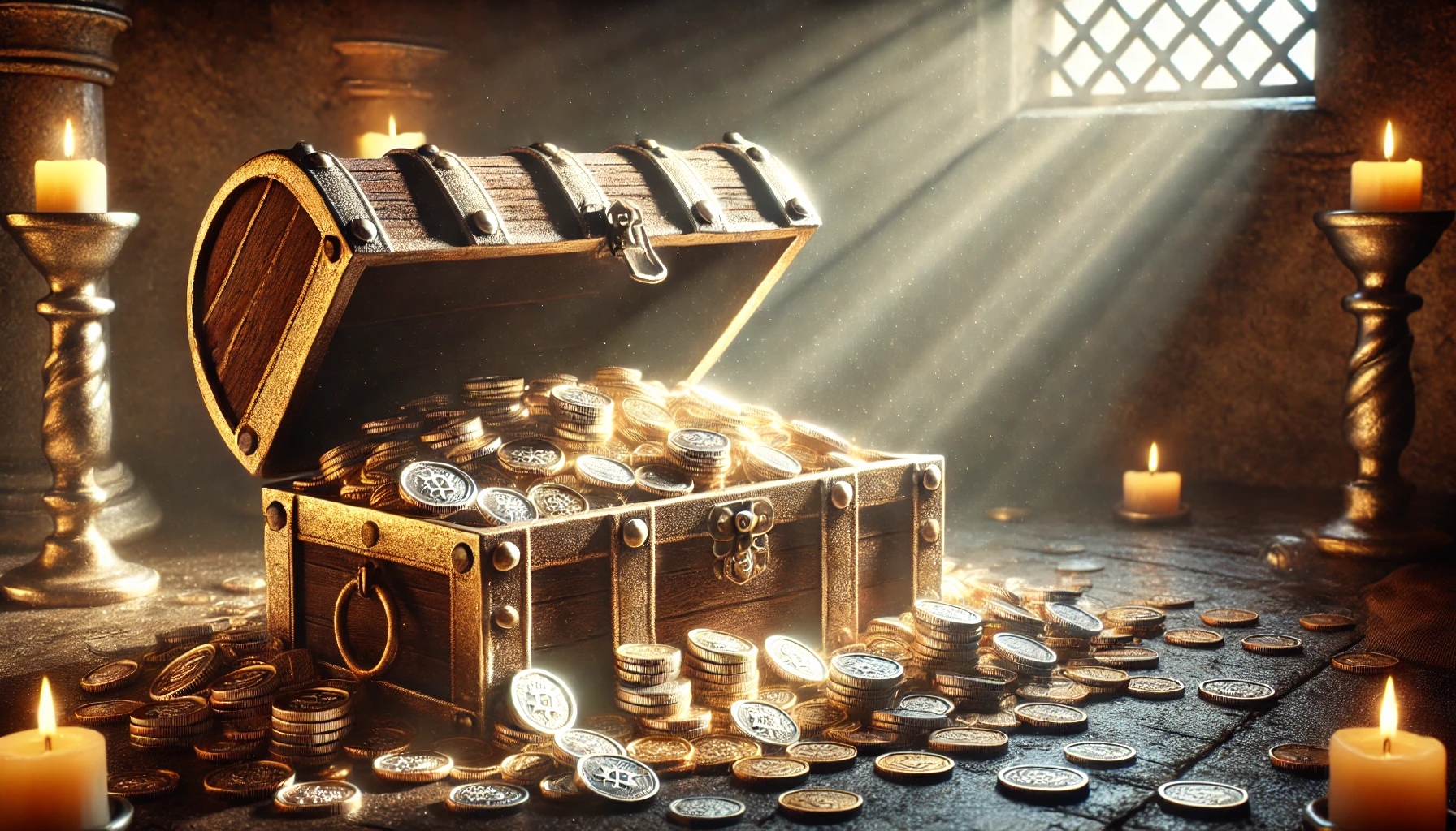 A scene with silver and gold coins glimmering in a treasure chest.