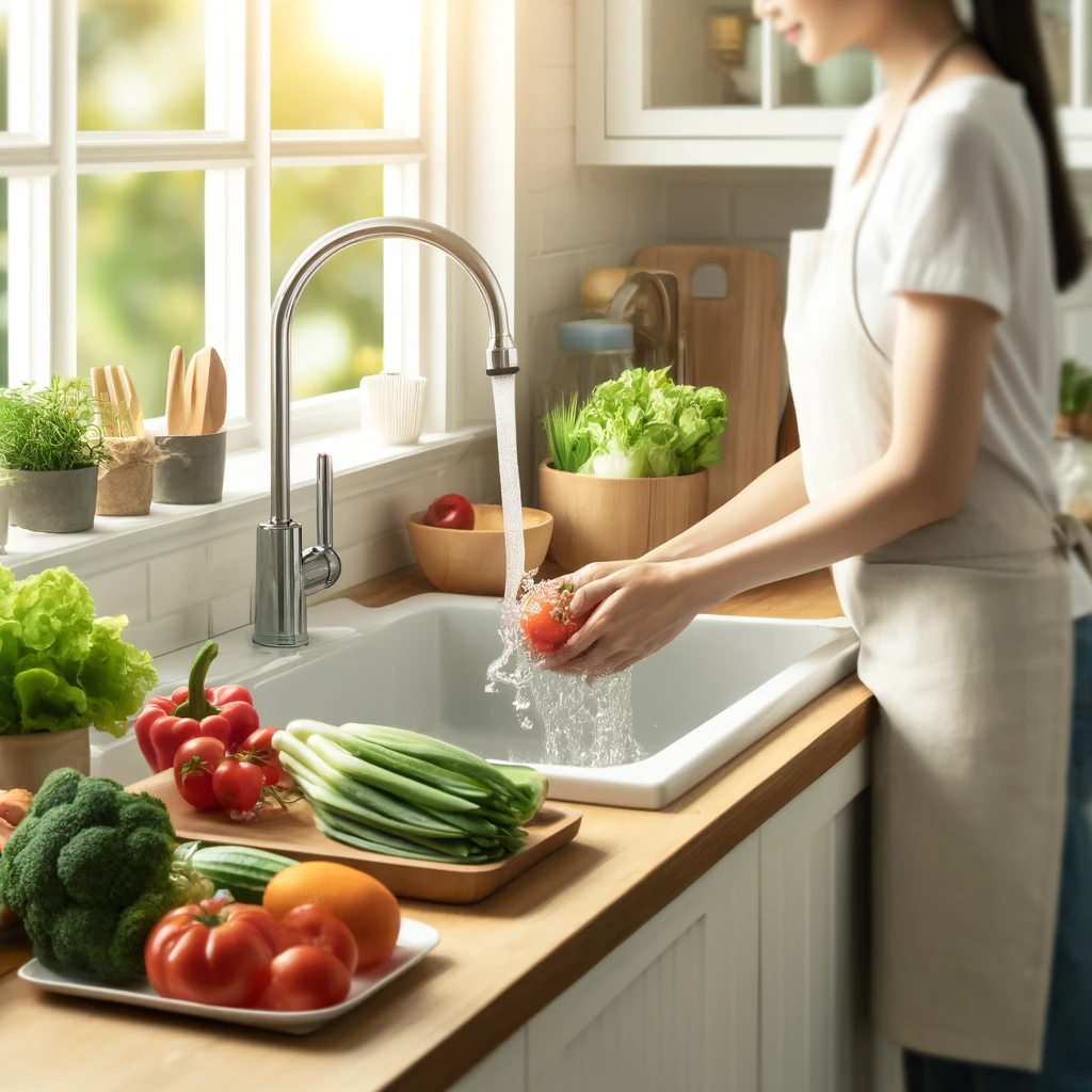 A serene and clean kitchen scene where a person is washing fresh vegetables under running water in a sink.