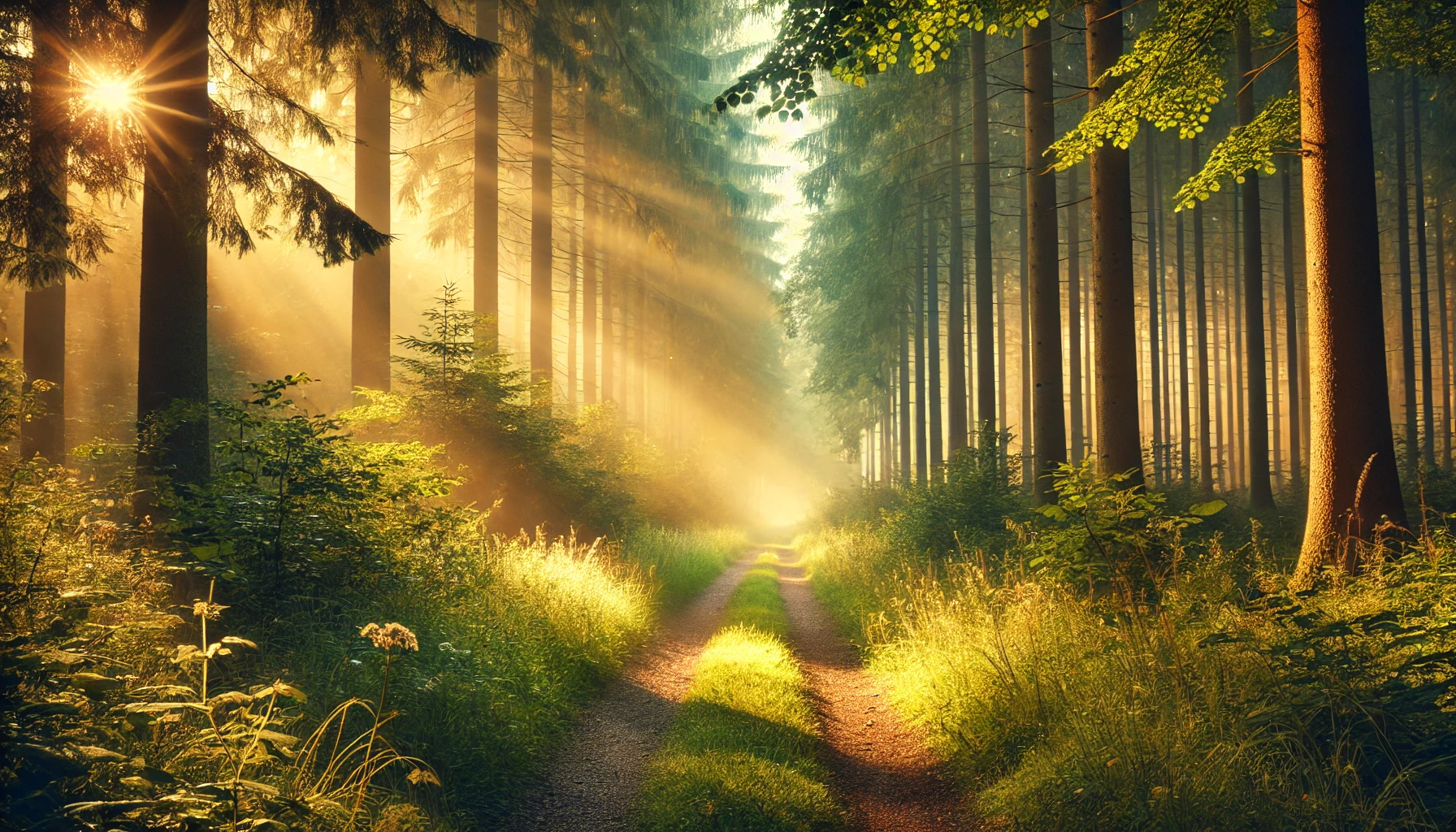 A serene forest path bathed in morning light.