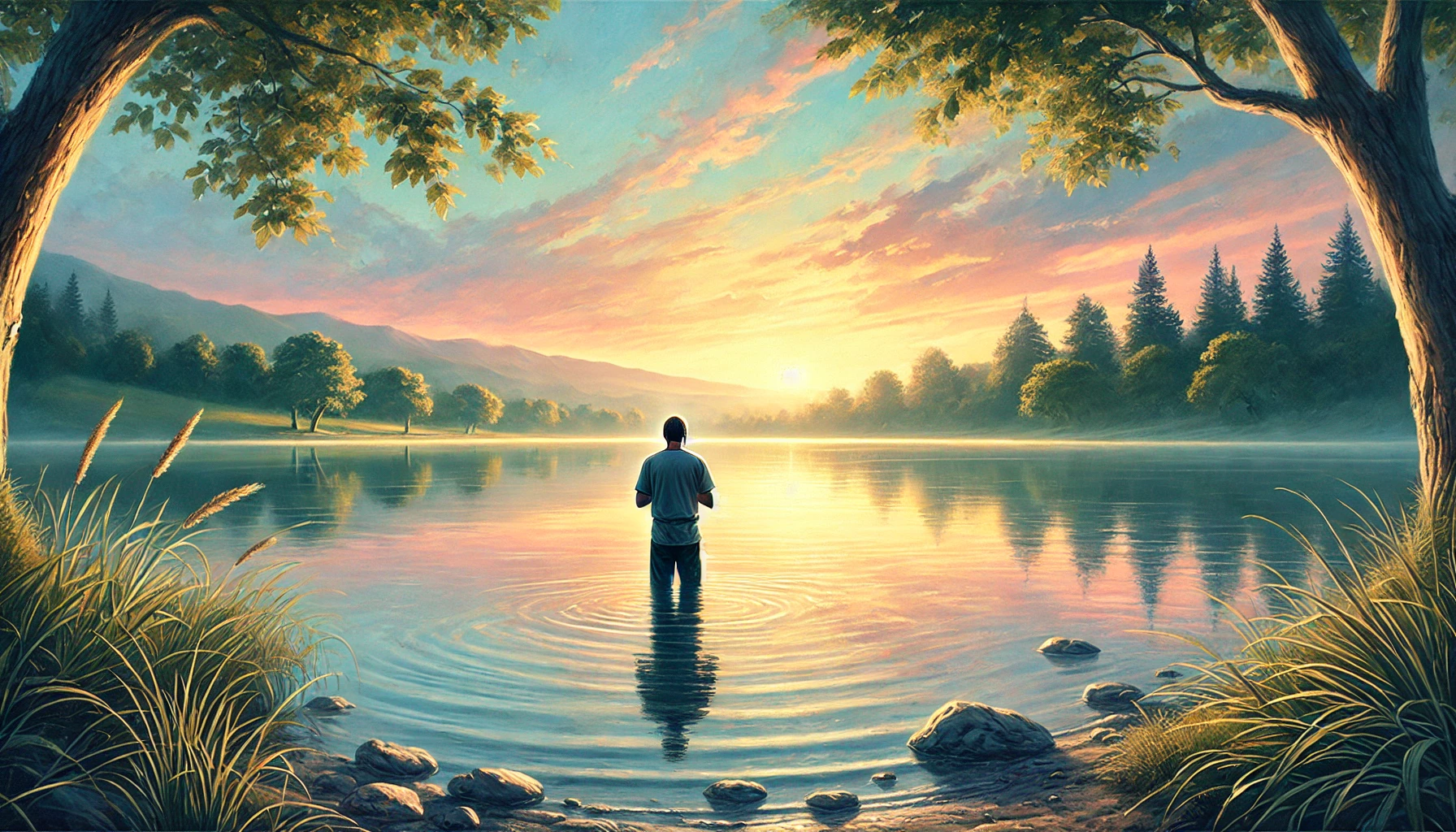 A serene lakeside scene at sunrise, with a man standing at the water's edge in prayer.