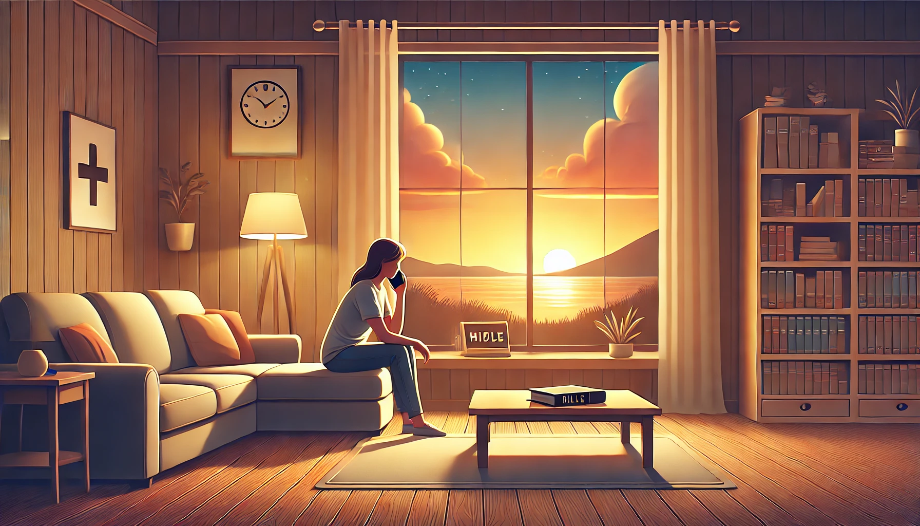 A serene living room with a person sitting on a sofa, talking on the phone to a helpline.