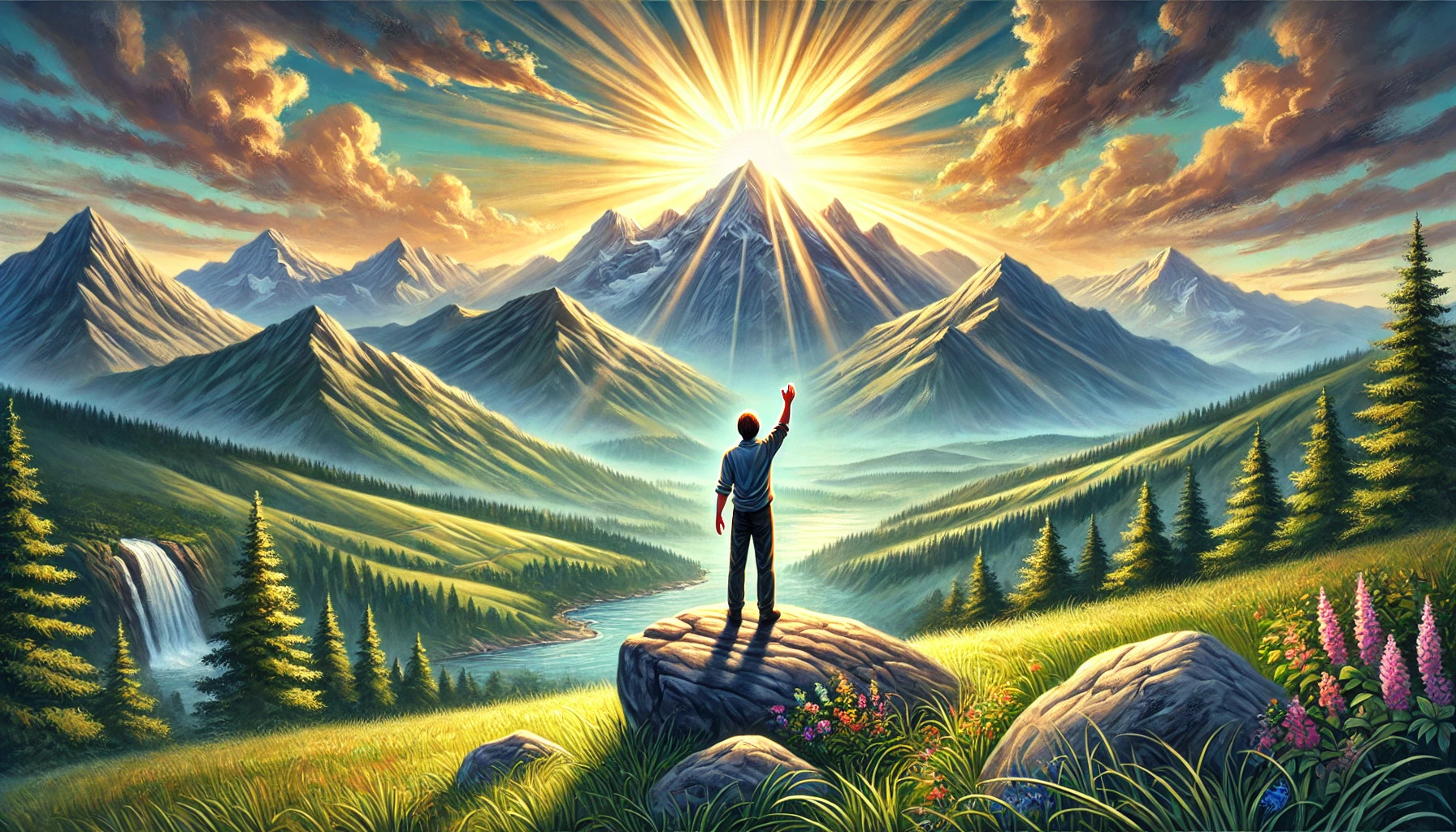 A serene mountain landscape with a person lifting their eyes to the hills.