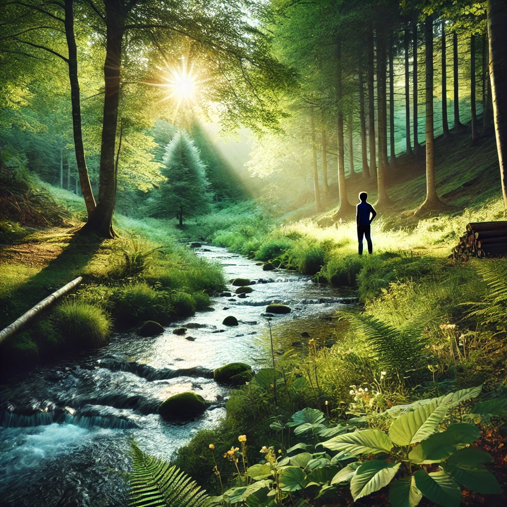 A serene nature scene with a gentle stream flowing through a lush green forest.