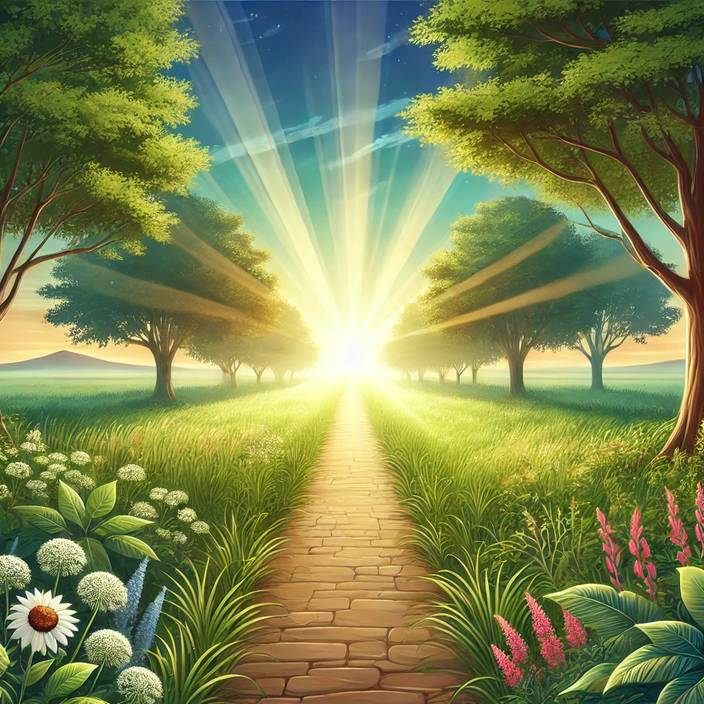 A serene path in nature, leading to a bright horizon with a sunrise.