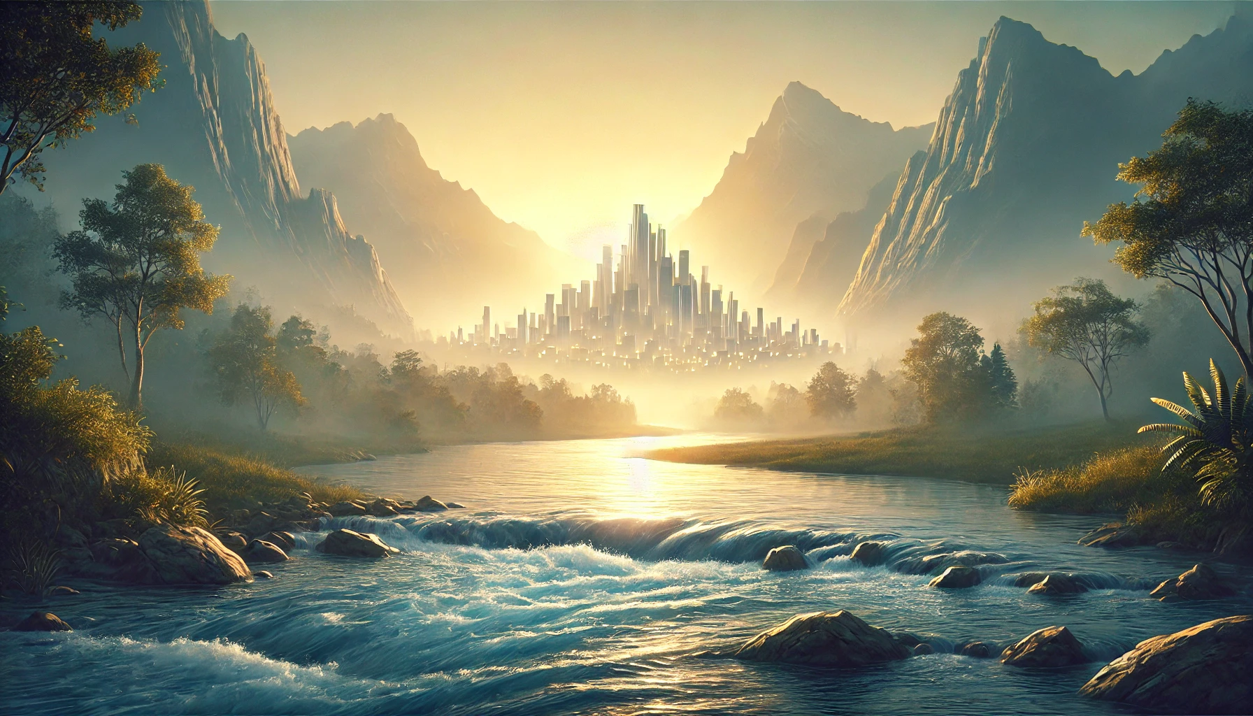 A serene river flowing through a city at dawn, with towering mountains in the background.