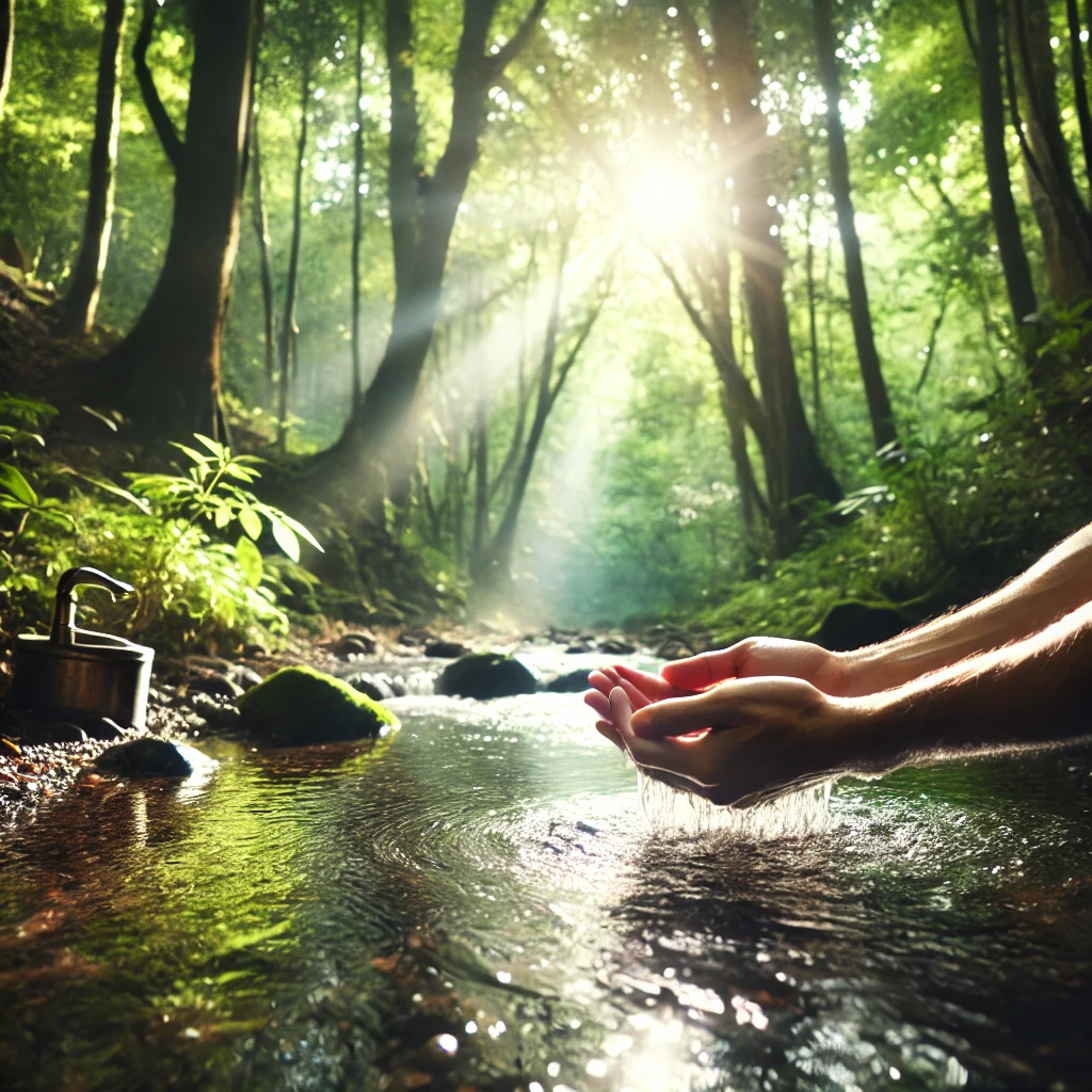 A serene scene with a person washing their hands in a clear stream in a forest.