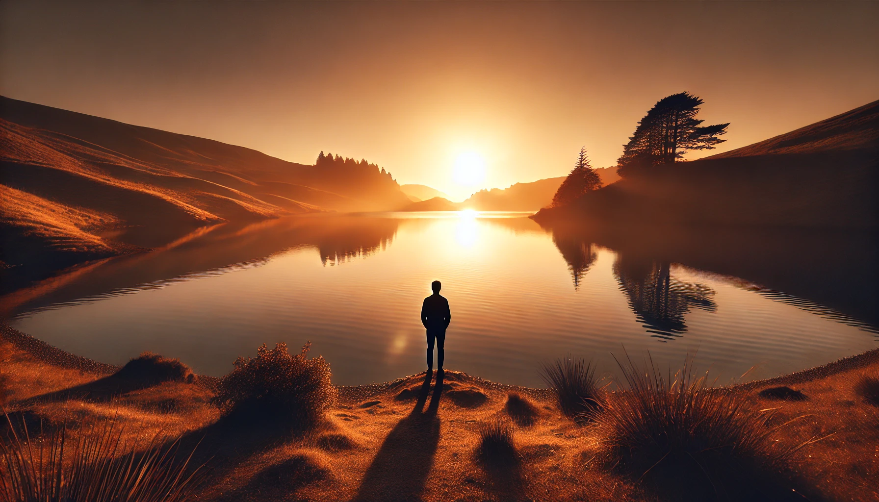 A serene sunset over a calm lake with a person standing at the water's edge, looking out reflectively.