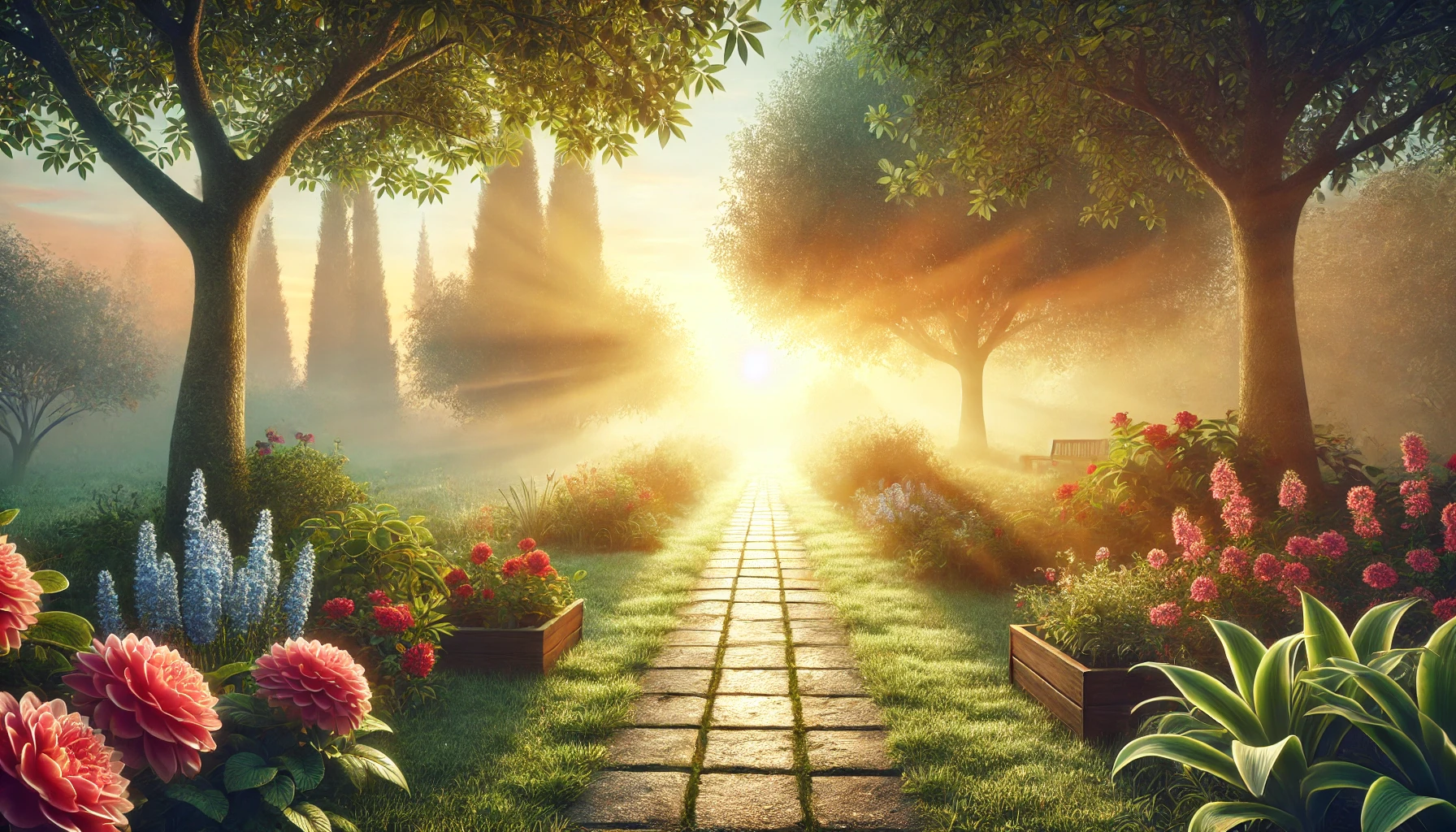 A tranquil morning scene with a path lined with flowers and trees, leading towards a bright sunrise.