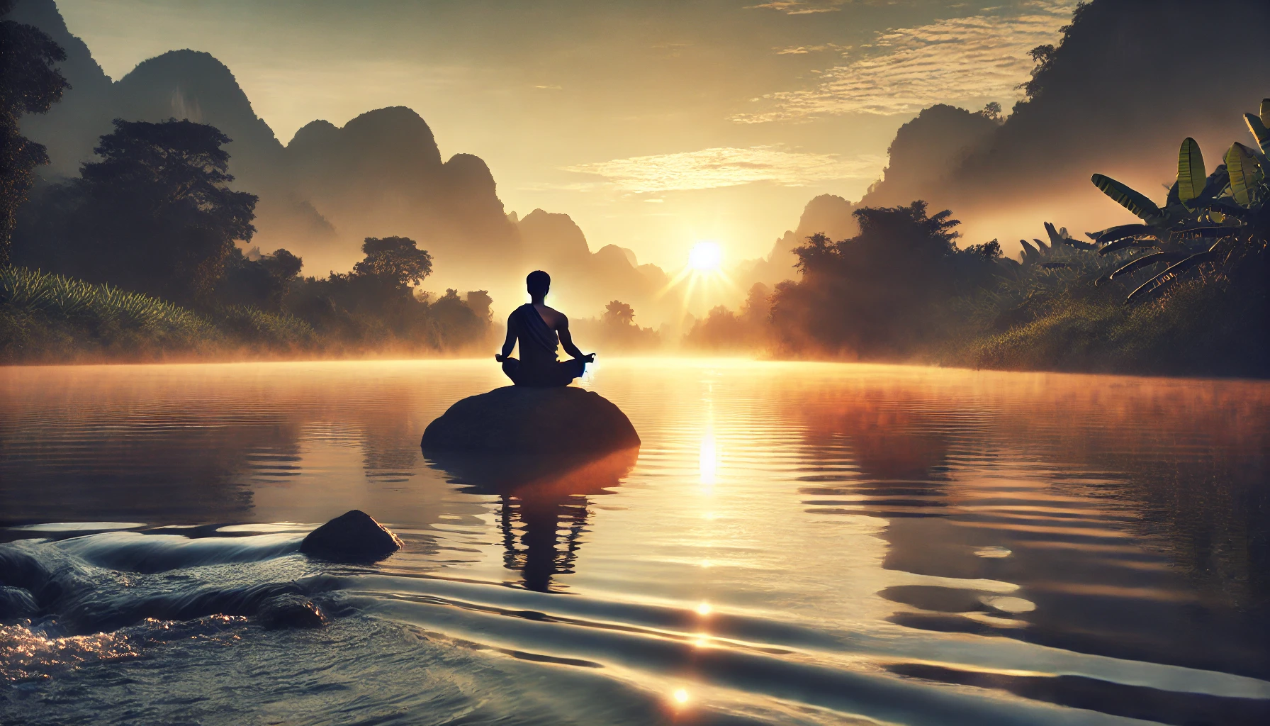 A tranquil scene of a person sitting on a rock beside a calm river at sunrise.