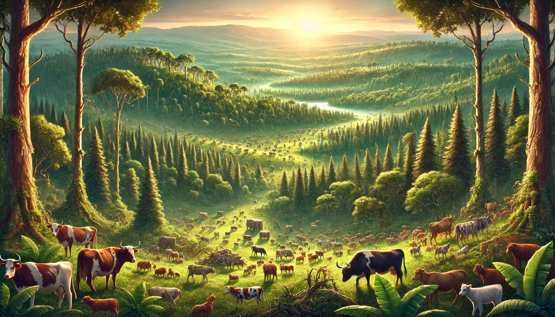 A vast, lush forest with wild animals and cattle scattered across numerous acres.