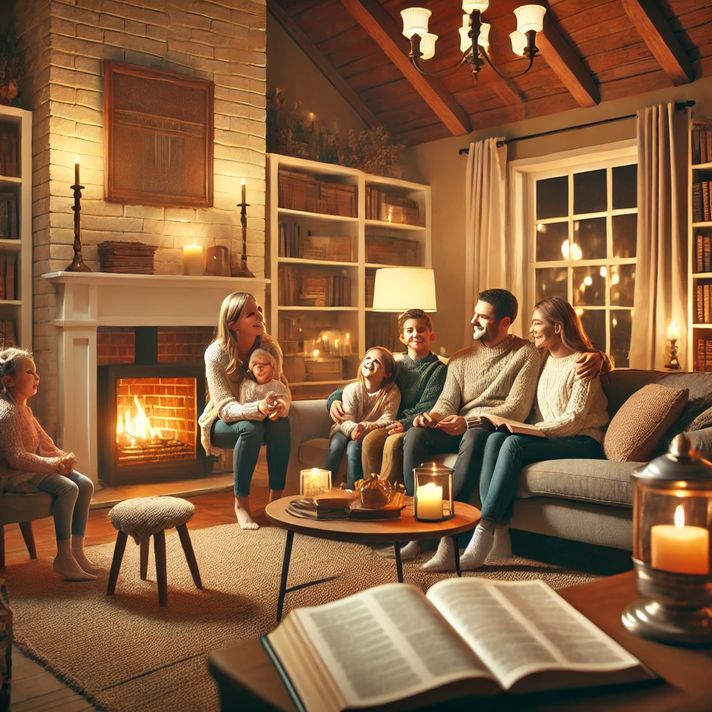 A warm, inviting living room with a family gathered around, smiling and sharing Bible verses.