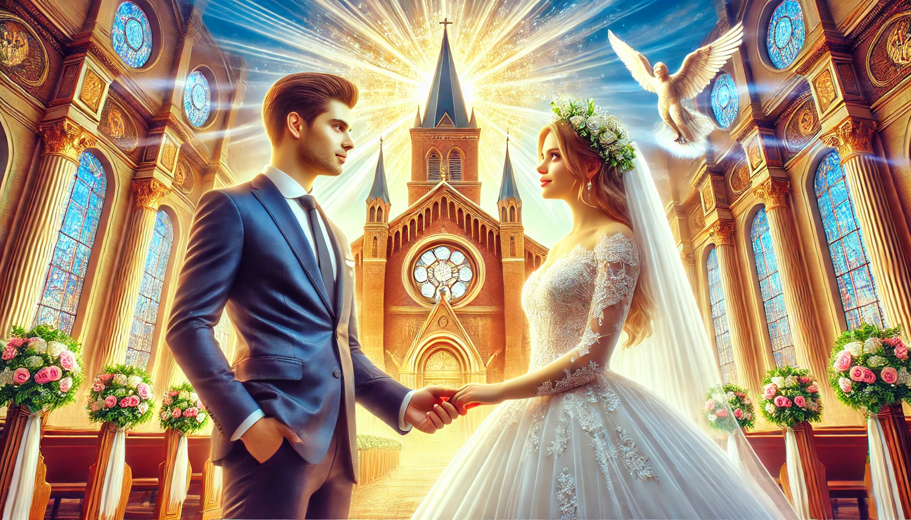 A wedding couple holding hands in front of a beautiful church.