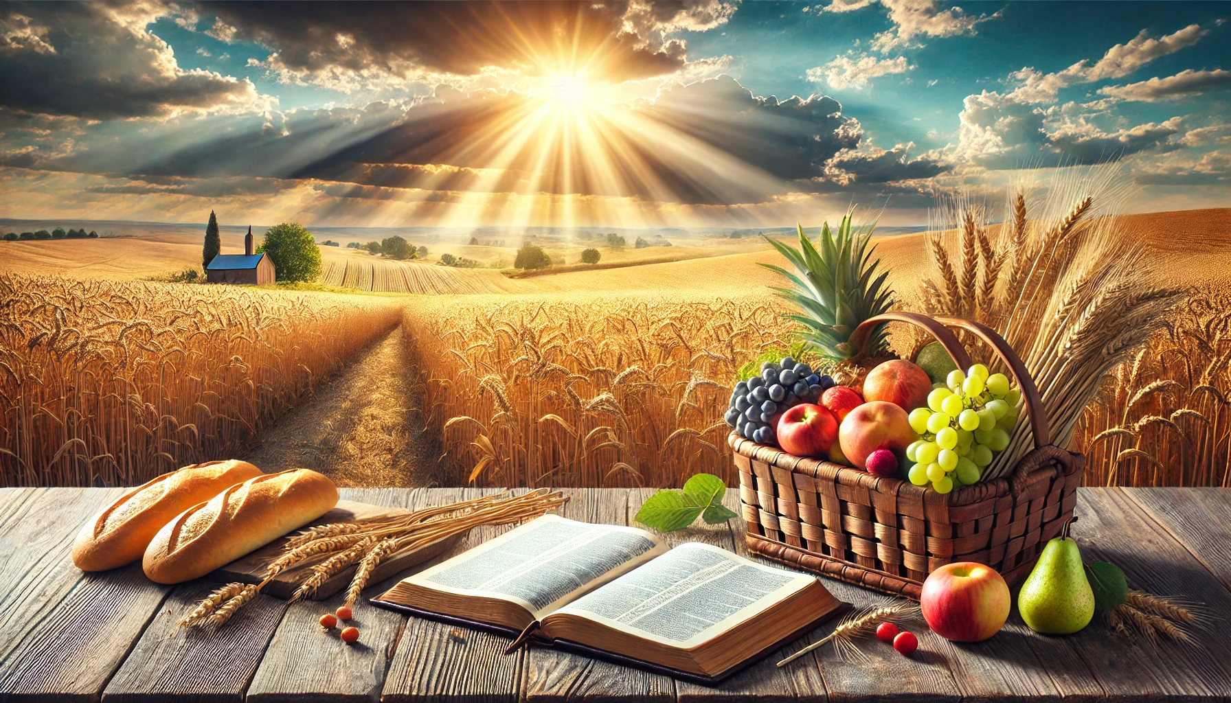 A wide view of a tranquil countryside with golden fields of grain ready for harvest.