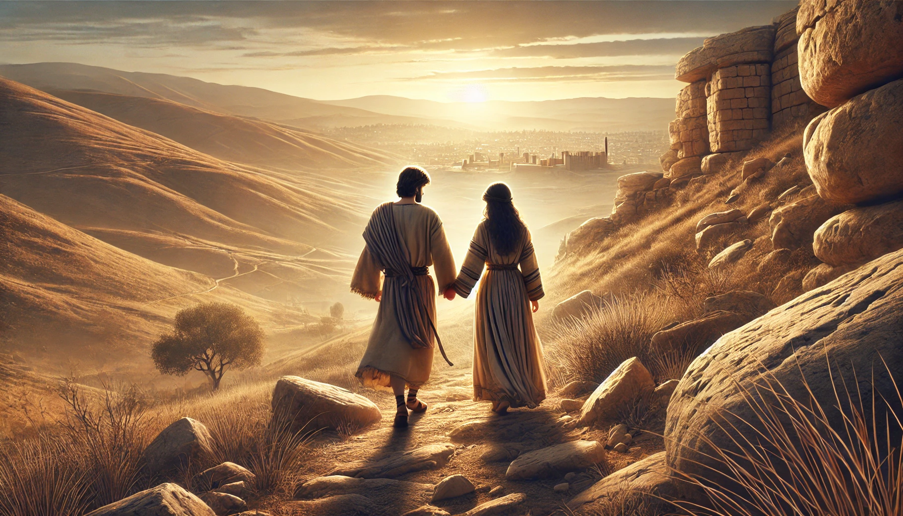 A couple in ancient Jerusalem walking hand in hand through a rugged wilderness with the city of Jerusalem in the distance.