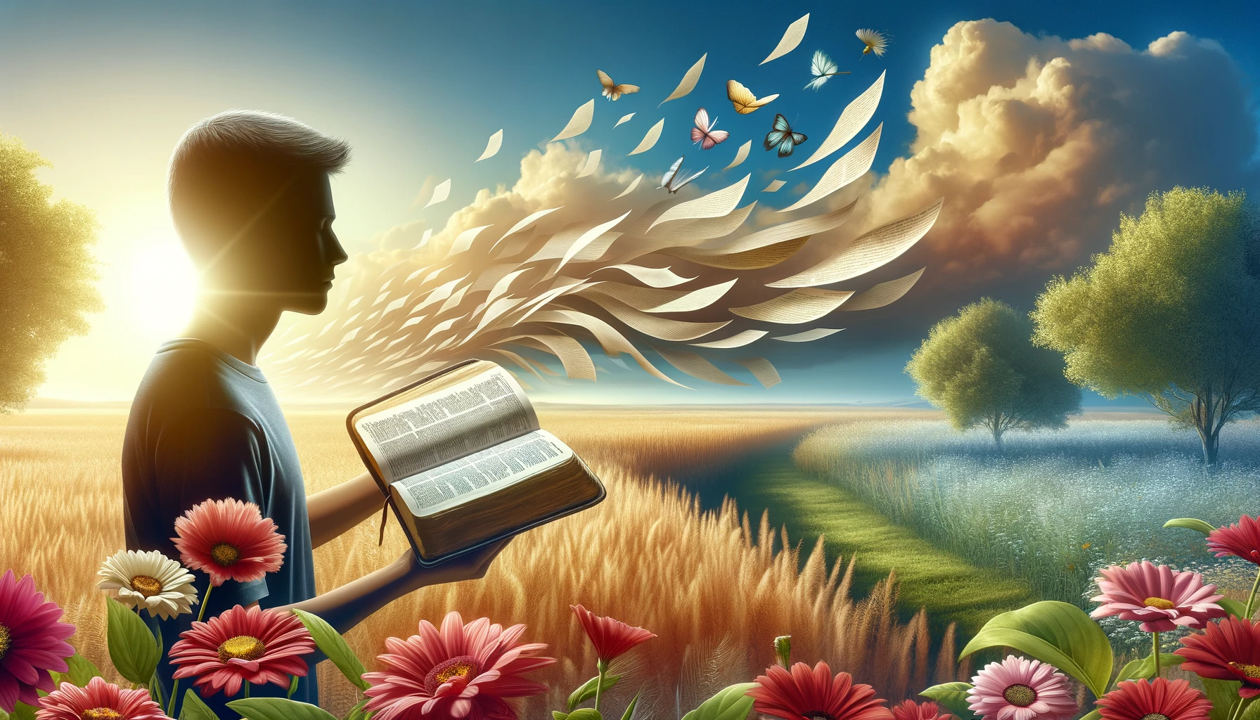 A young person holding an open Bible with pages fluttering in the wind.