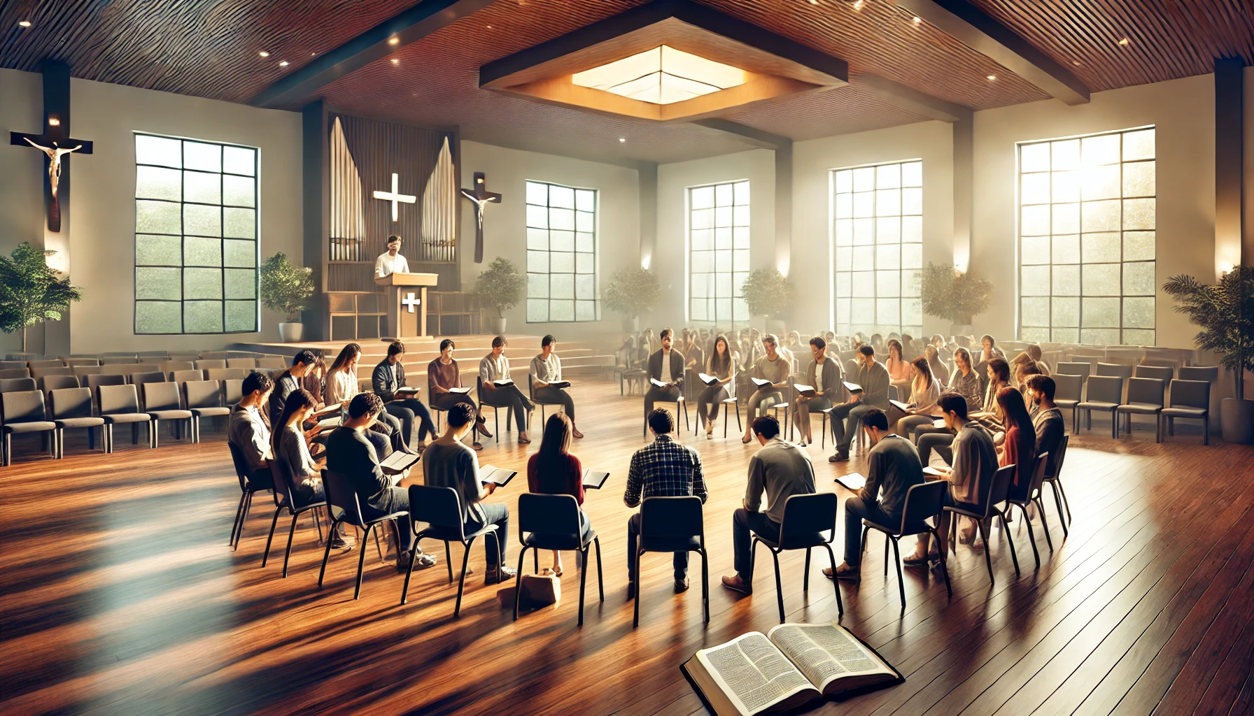 An indoor scene of a church hall where people are gathered for a Bible study session.