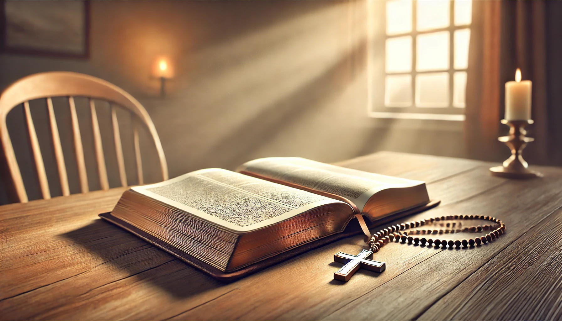 An open Bible lies on a table with a cross necklace beside it.