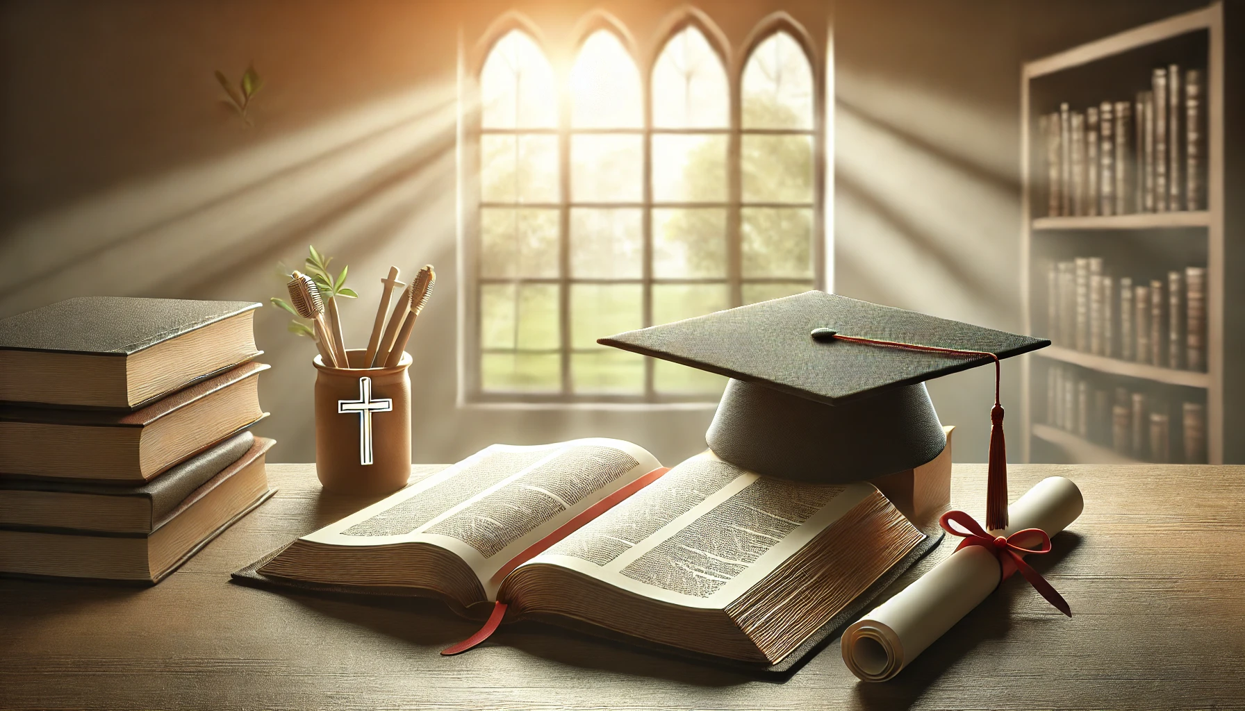 An open Bible placed on a table with a graduation cap and diploma beside it.