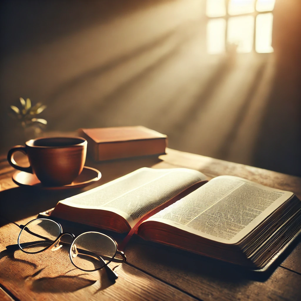 An open Bible placed on a wooden table, with sunlight streaming in through a nearby window.