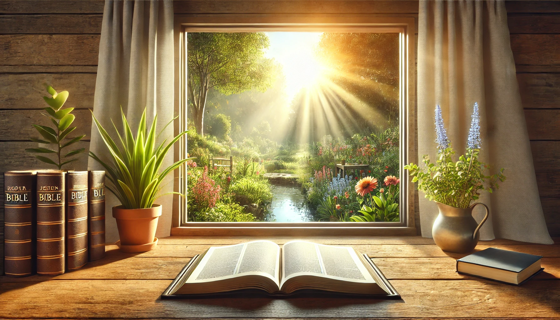 An open Bible rests on a wooden table beside a window with sunlight streaming in.