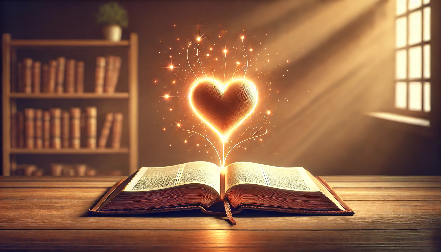 An open Bible with a heart-shaped glow emanating from it.