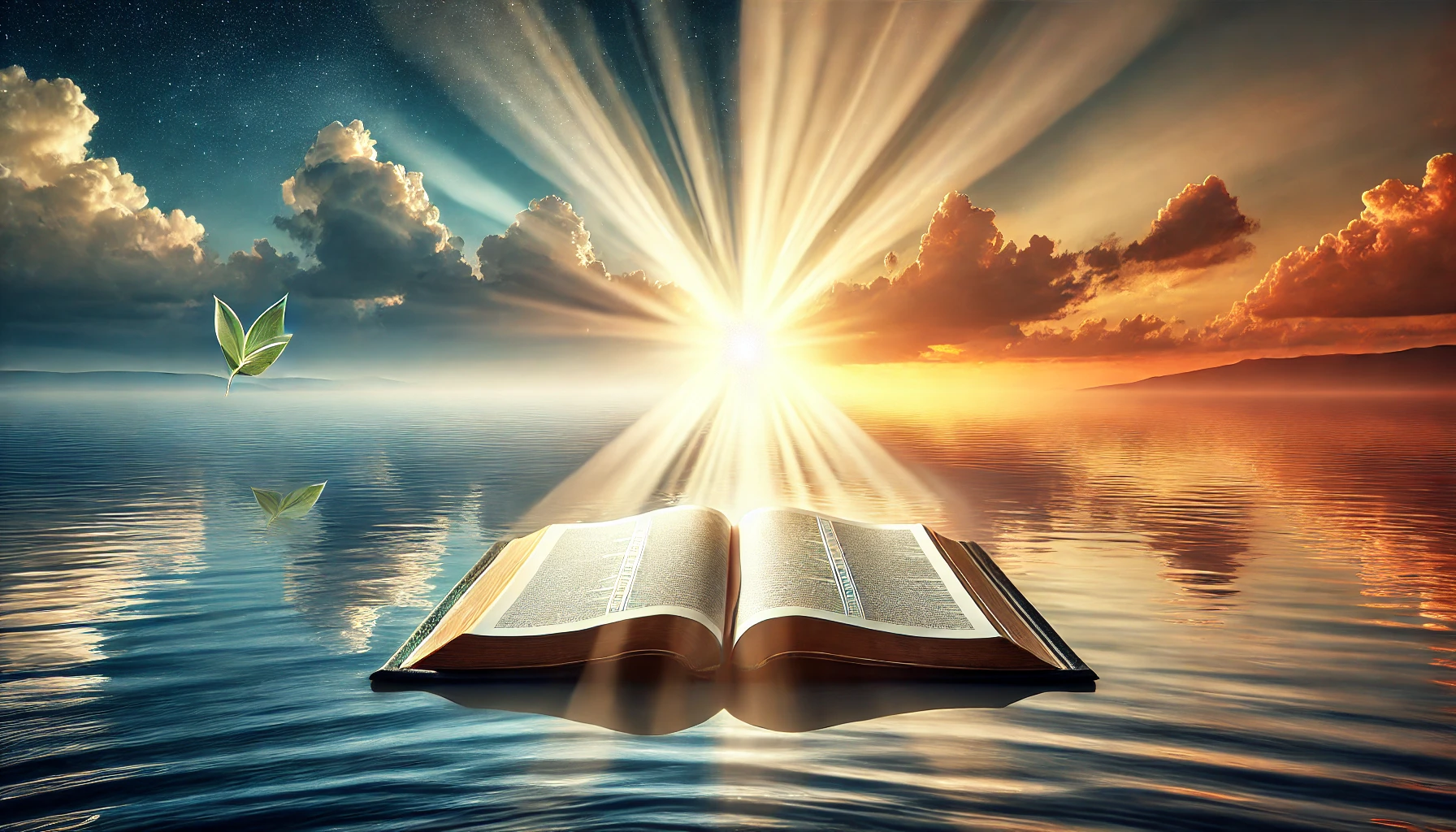 An open Bible with rays of light shining onto it.