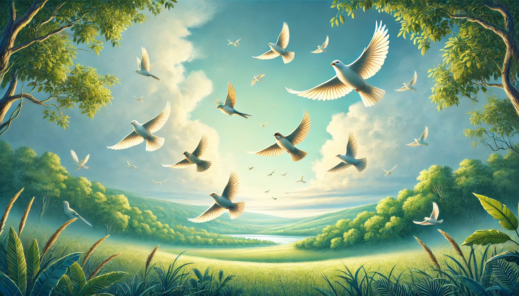 Birds of the air flying freely in a serene sky.