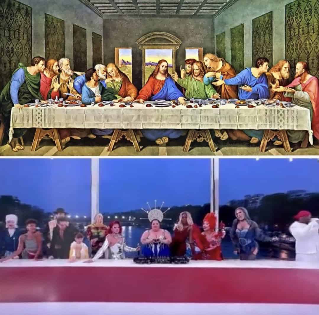 Image of the Last Supper and juxtaposed with the scene from the Olympic Opening Ceremony.