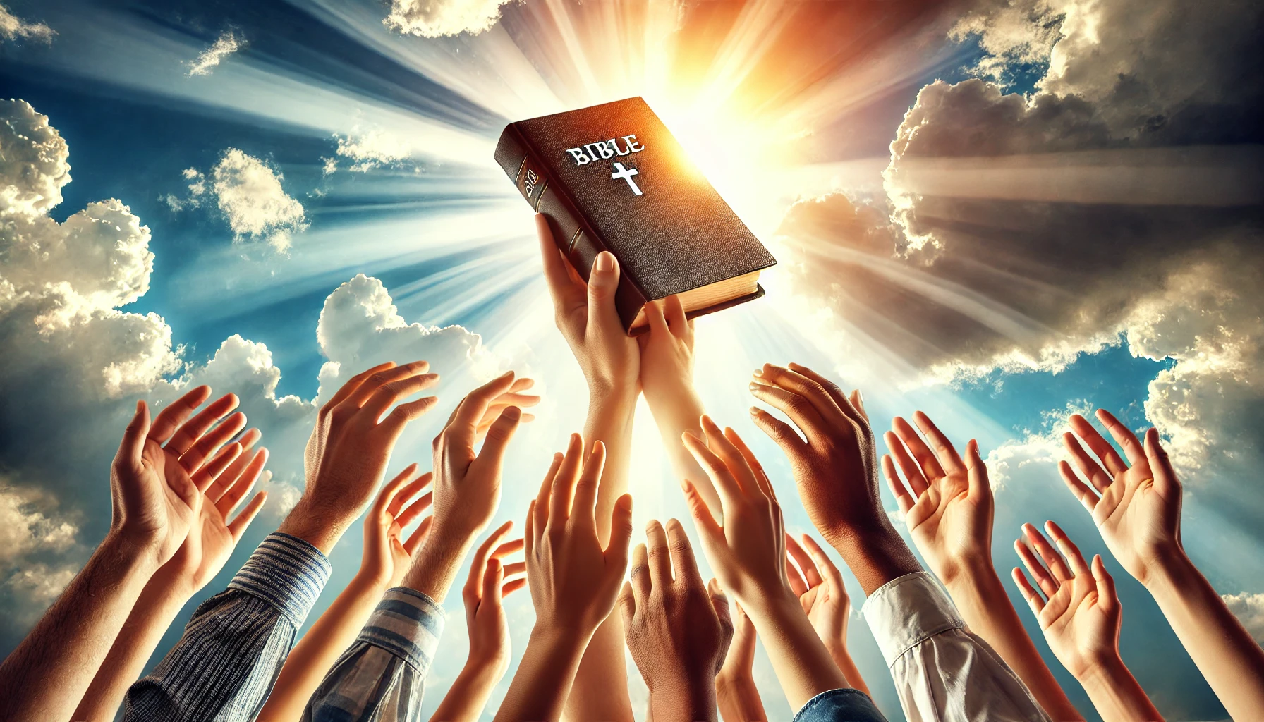 Diverse hands lifting a Bible towards the sky, representing unity in God's grace.