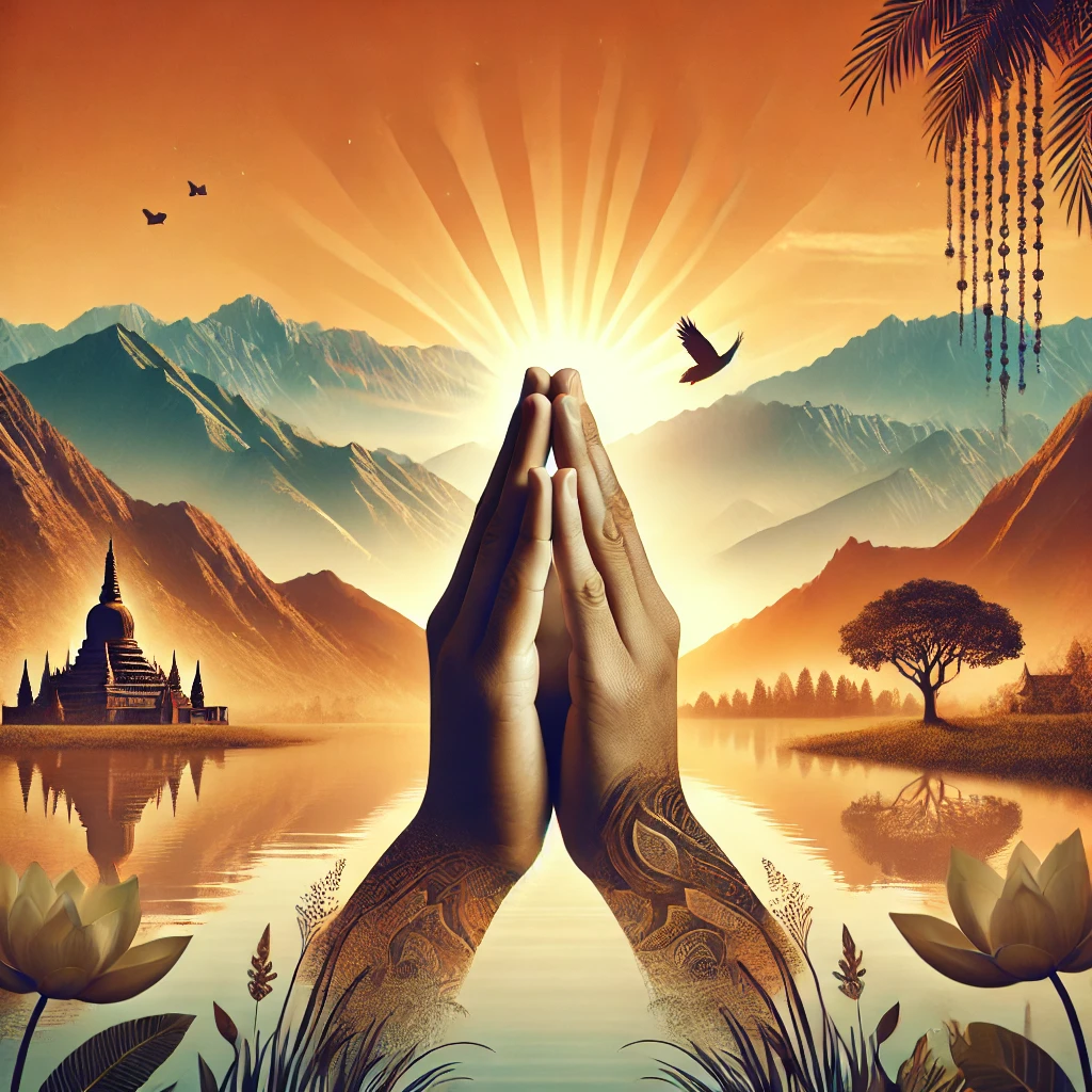 Hands in prayer with a serene landscape in the background, including mountains, rivers, and a sunrise.