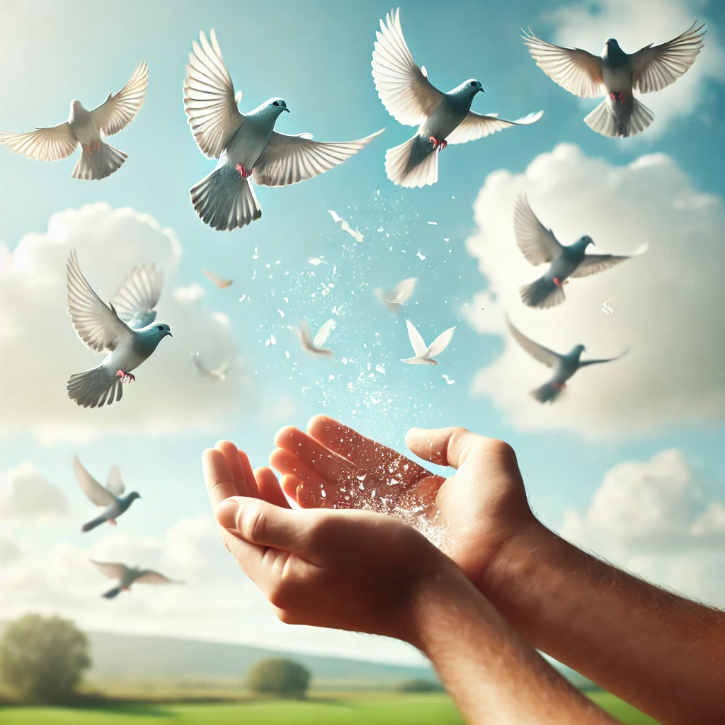 Hands releasing birds into a clear blue sky.