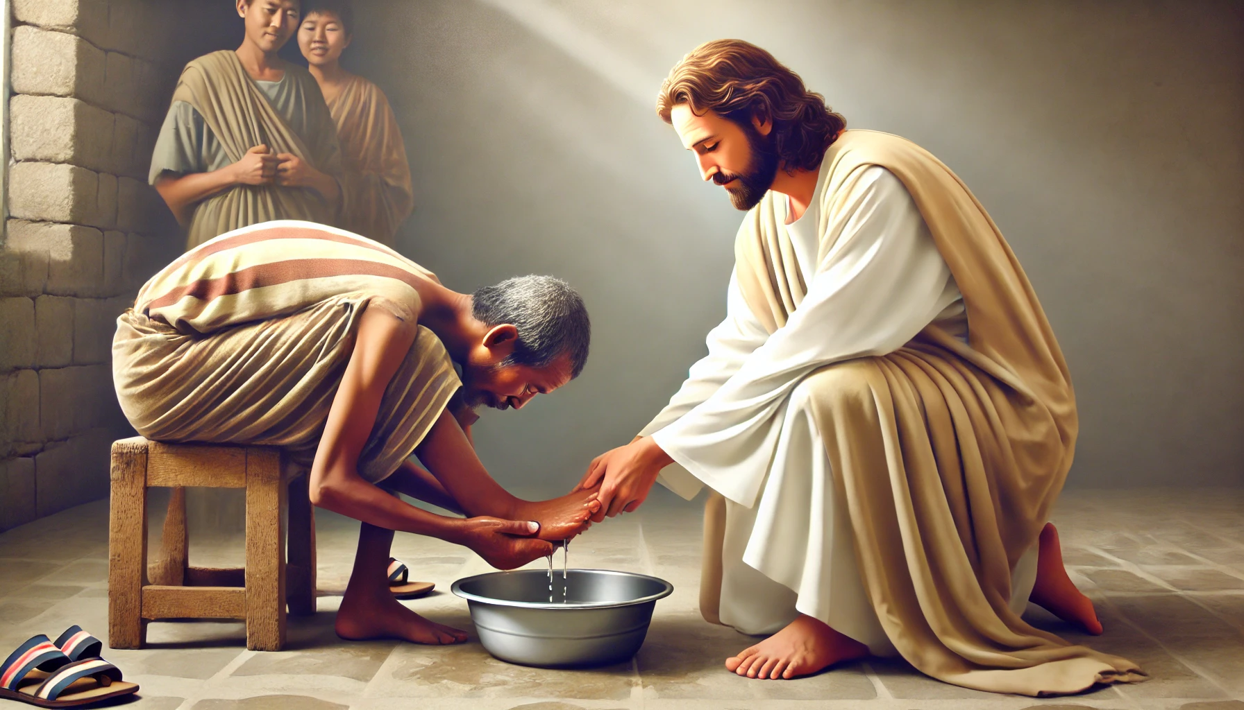 Jesus Christ kneeling and washing the feet of a poor person.