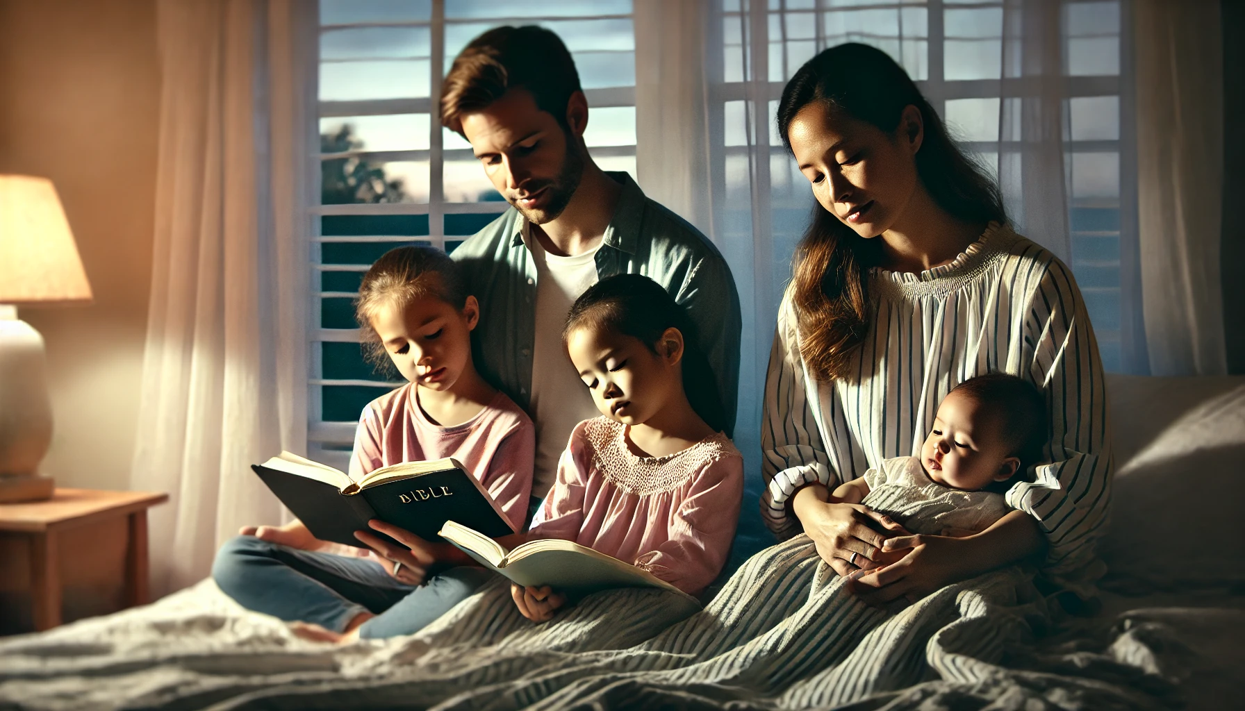 Parents reading a Bible story to their children before bedtime, with the kids listening intently.