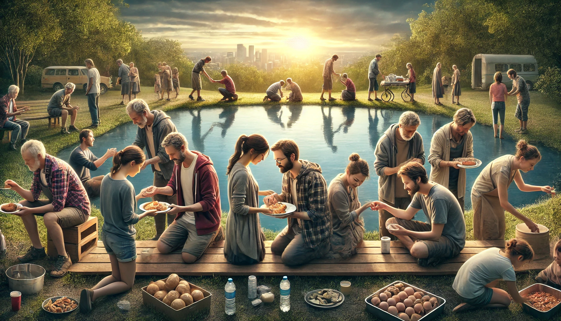 People picnicking around a lake.