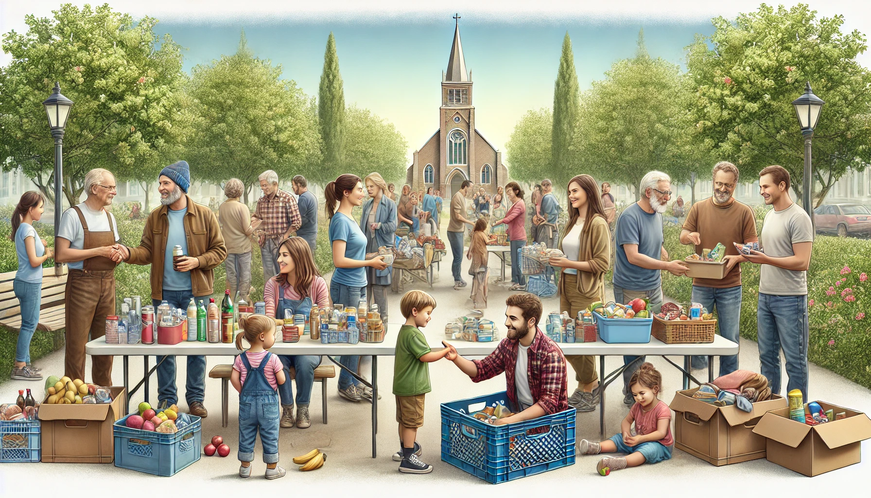 People of various ages and backgrounds sharing food and essentials in a park.