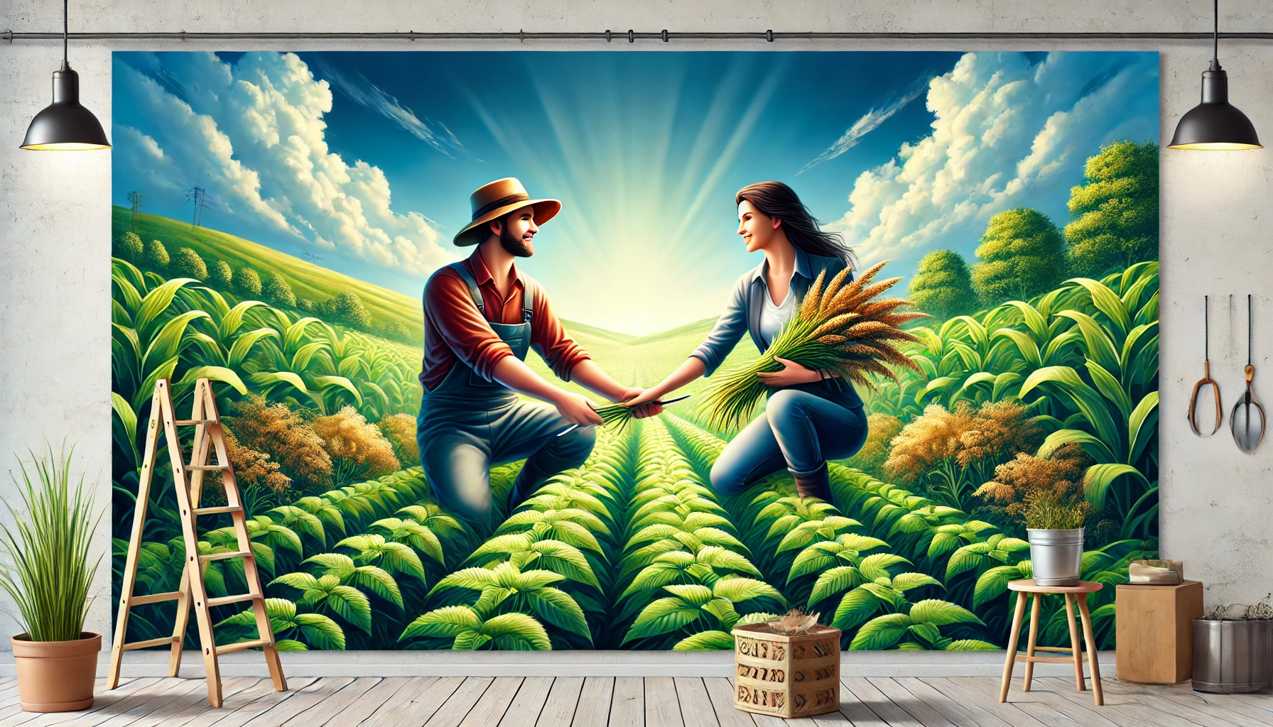 Picture on the wall of two people working together in a field.