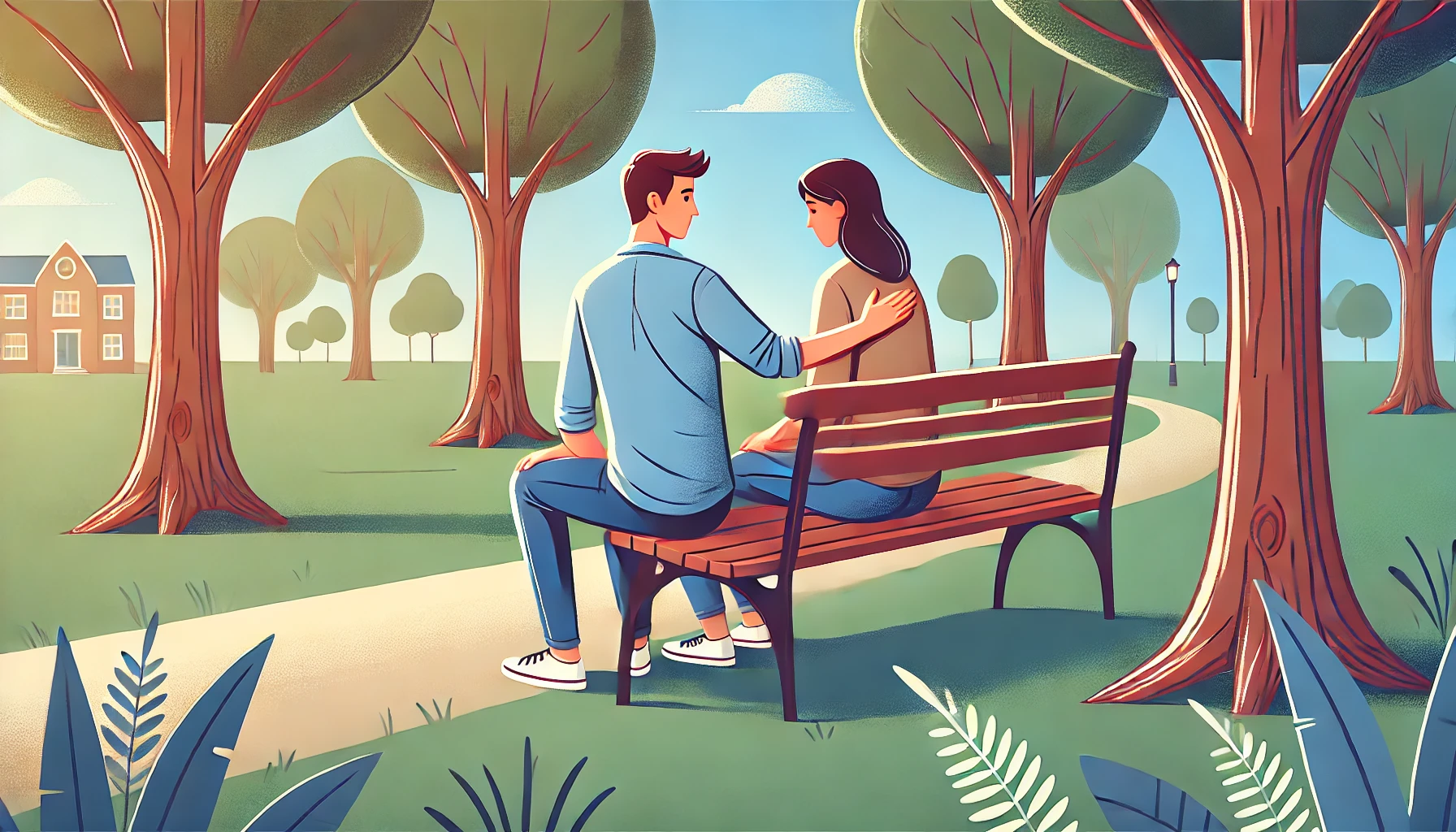 Two friends sitting together on a park bench, one offering a hand on the other's shoulder in a gesture of forgiveness and support.