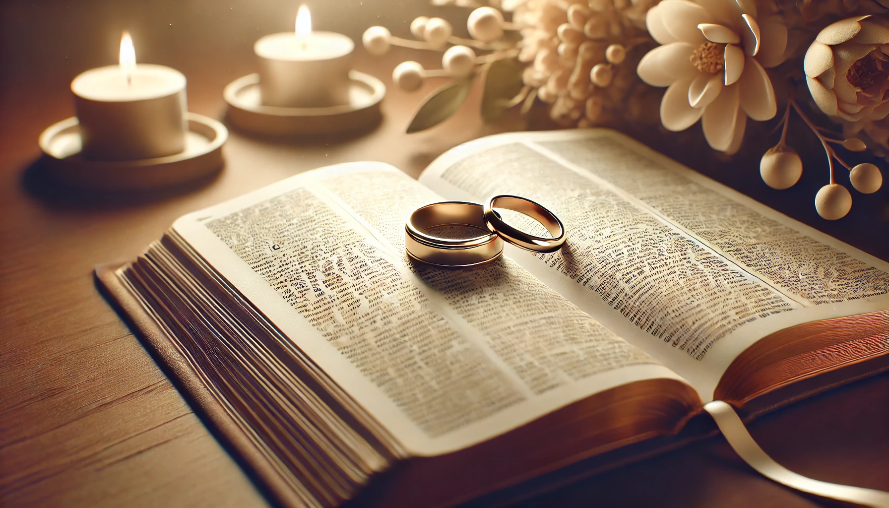 Wedding rings placed on an open Bible, with soft lighting highlighting the text and rings.