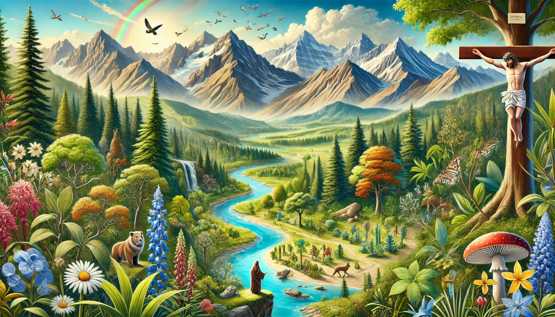 A beautiful natural landscape showing mountains, rivers, forests, and diverse plant life.