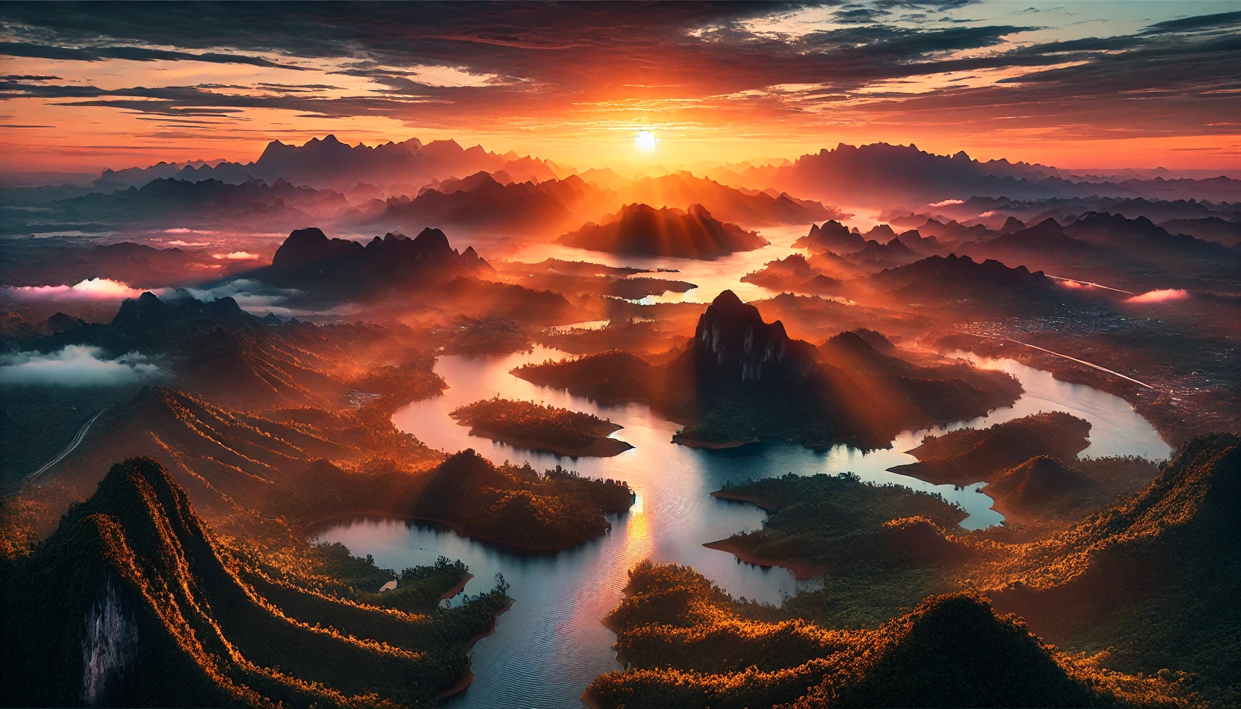 A breathtaking sunrise over a diverse landscape including mountains, forests, and rivers.