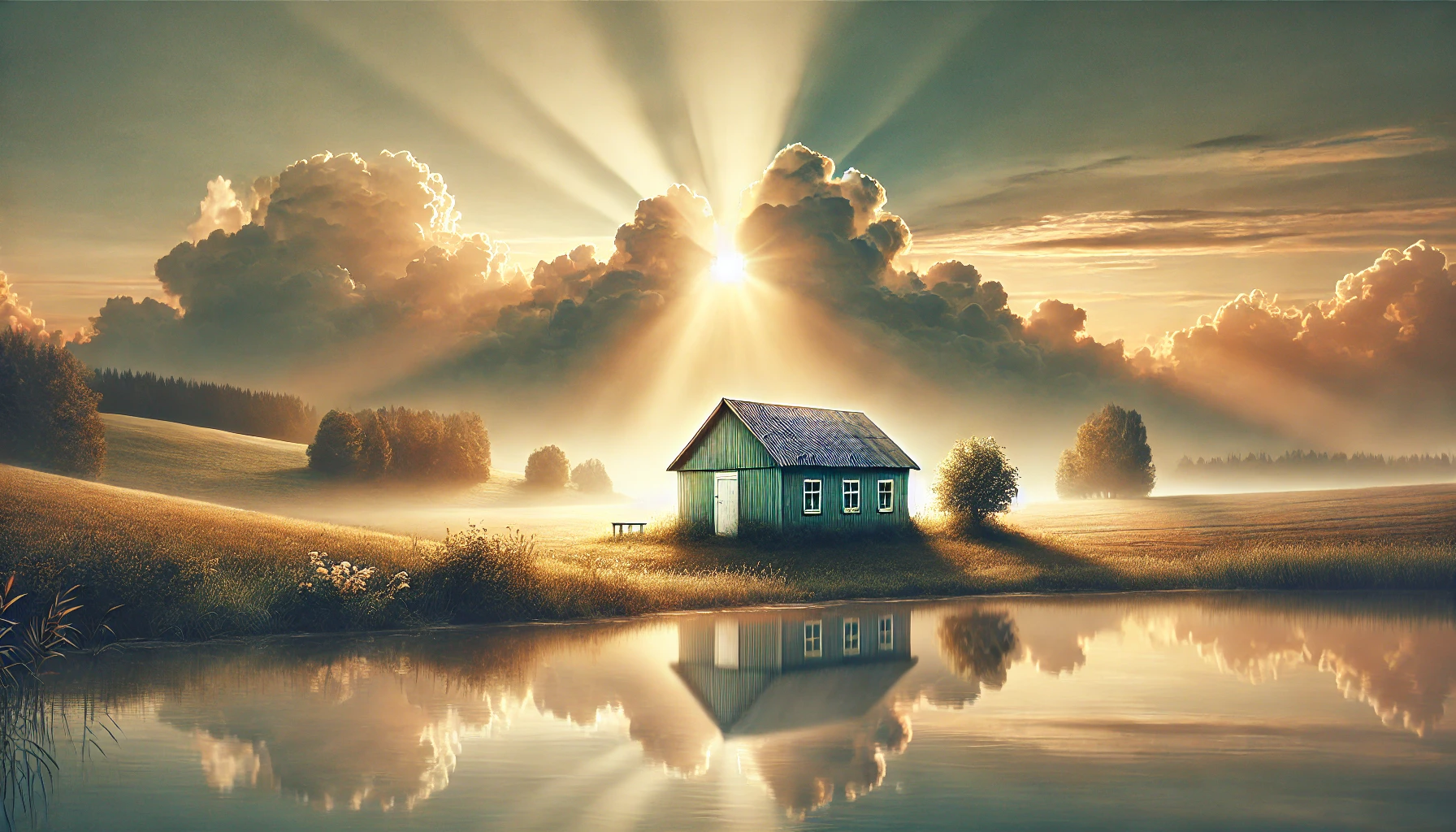 A calm sunrise over a rural landscape, with a small, humble building in the foreground.