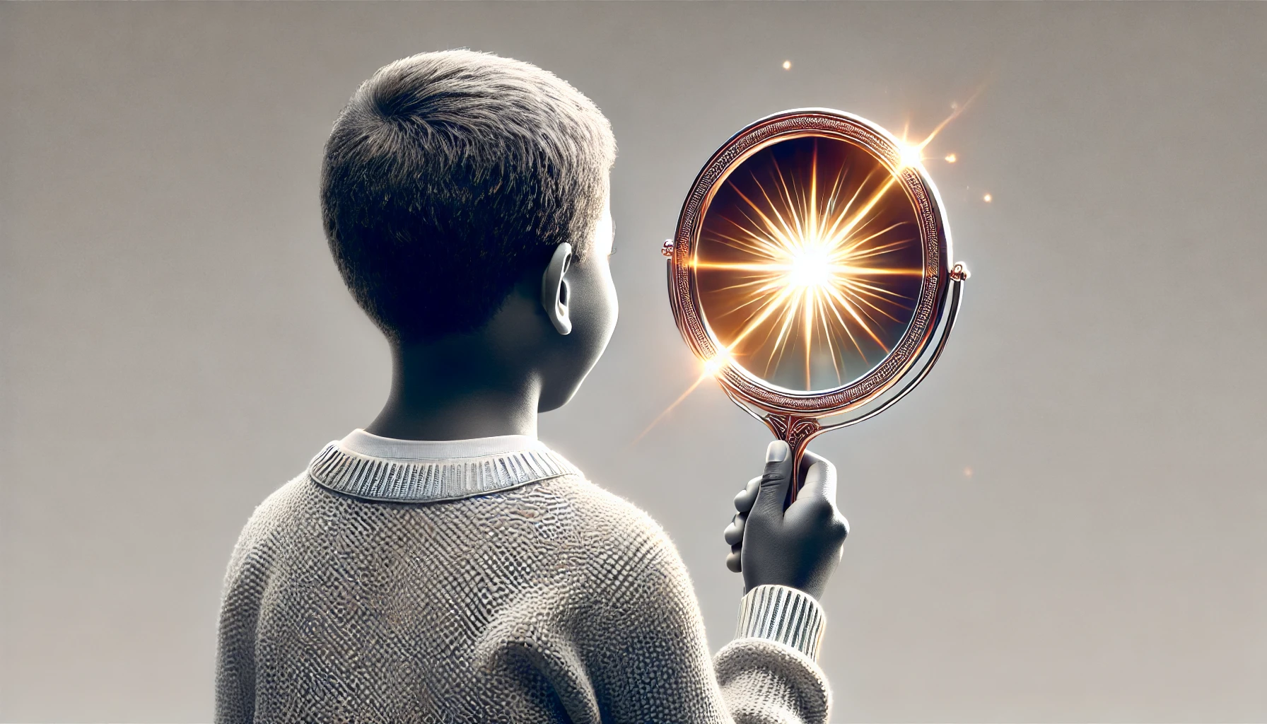 A child holding a mirror, with the reflection showing a radiant light.