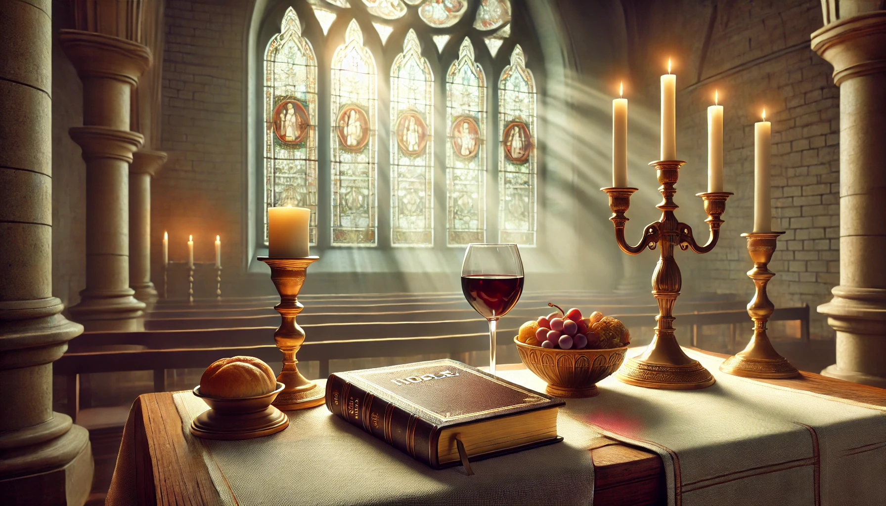 A church setting with wine and bread on the altar, a Bible, and soft sunlight coming through a stained glass.