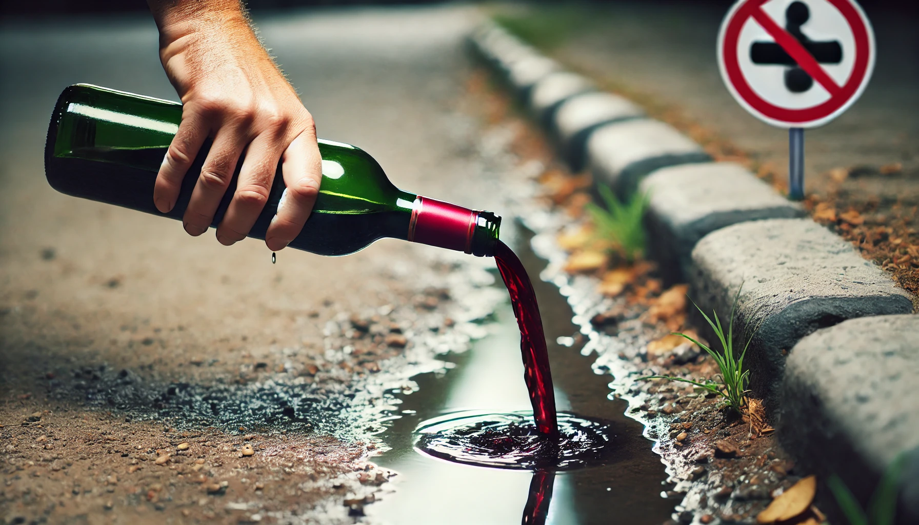 A close-up of a hand pouring out a bottle of wine into the ground.