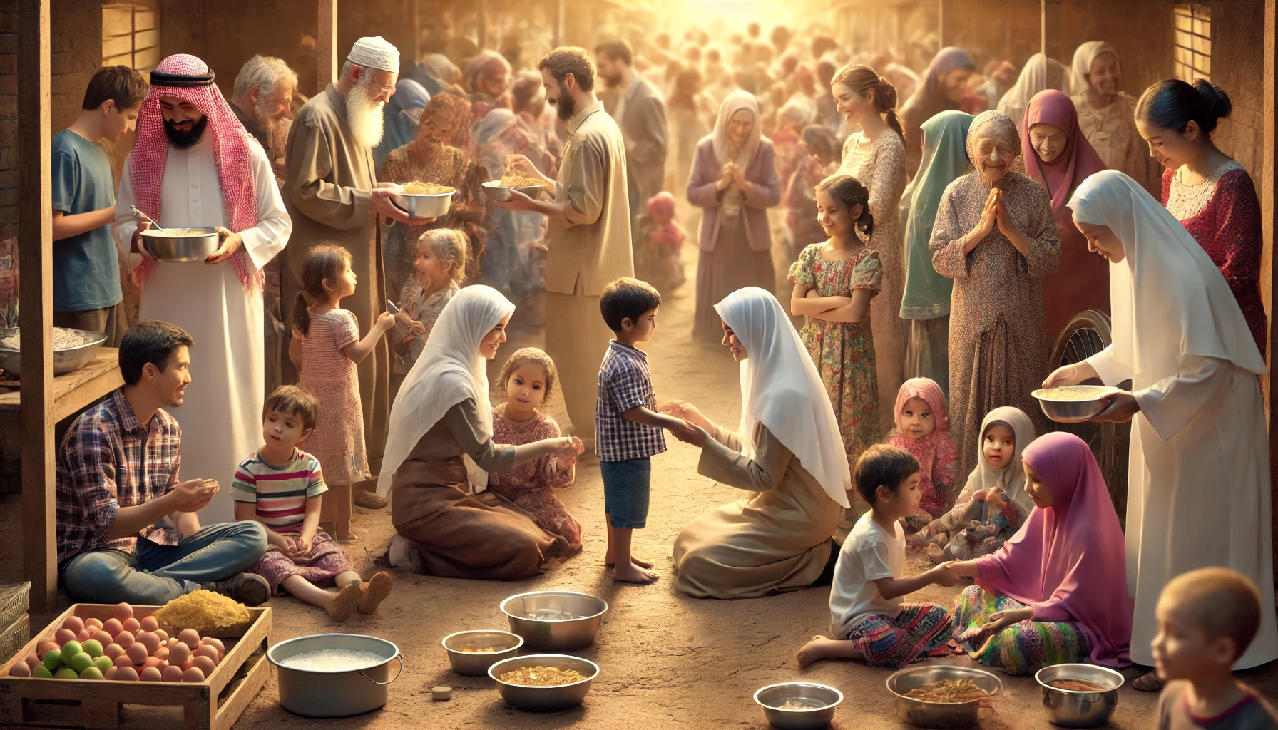 A compassionate scene showing people caring for orphans and widows.