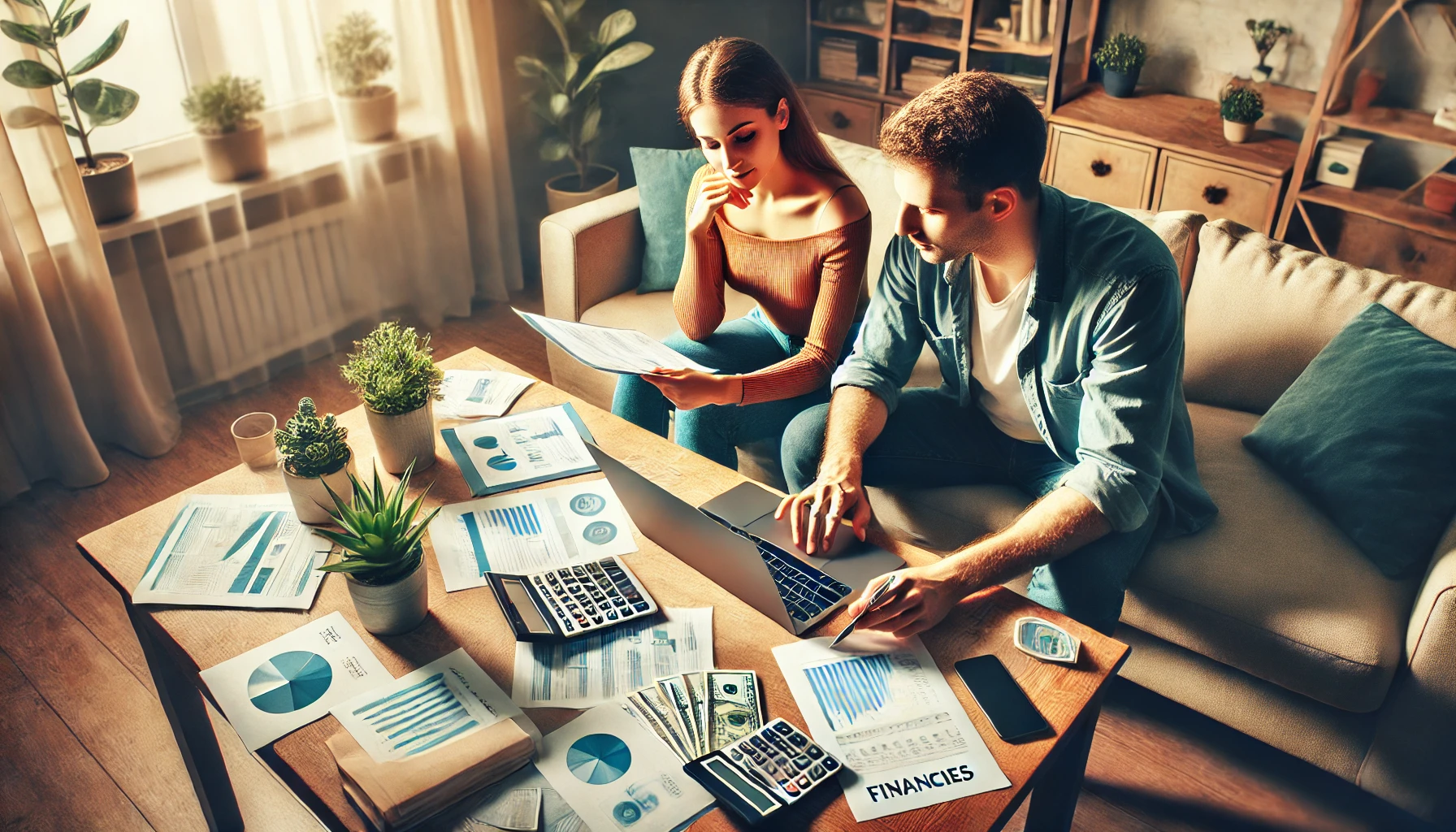 A couple sitting at a table with financial documents, calculators, and a laptop, working together on their finances.