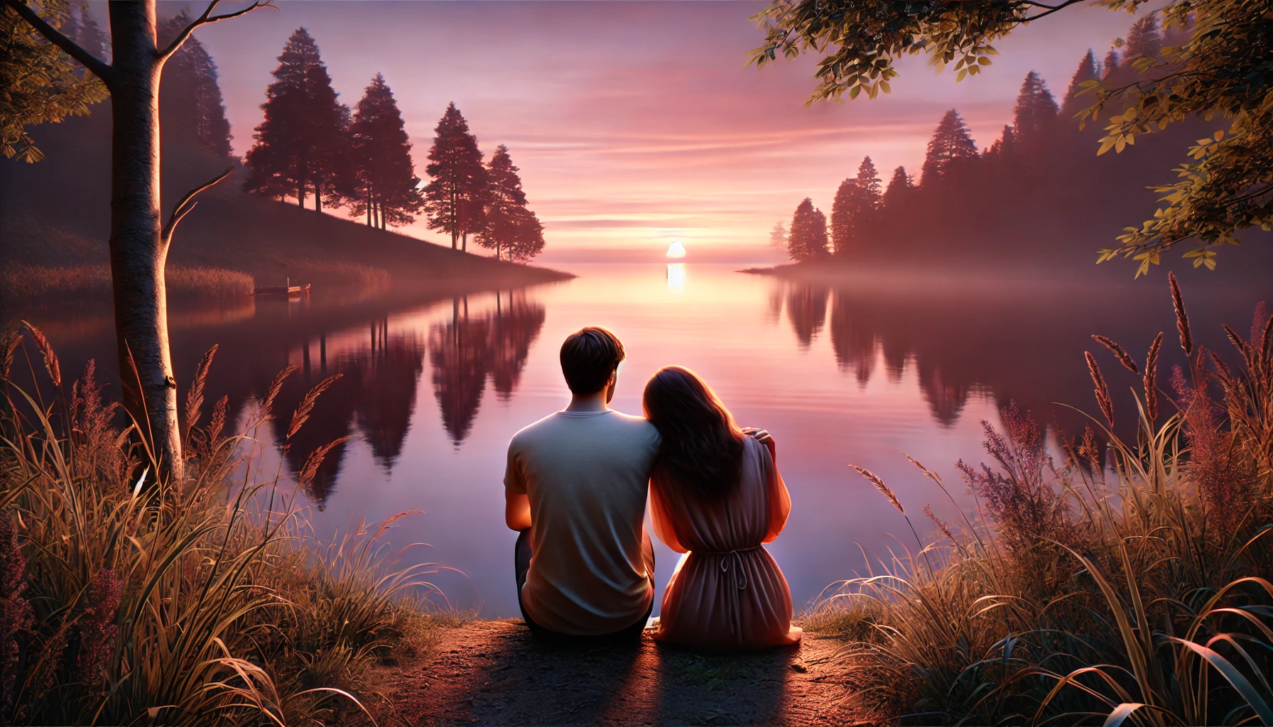 A couple sitting on the edge of a calm lake, facing the water during a sunset.