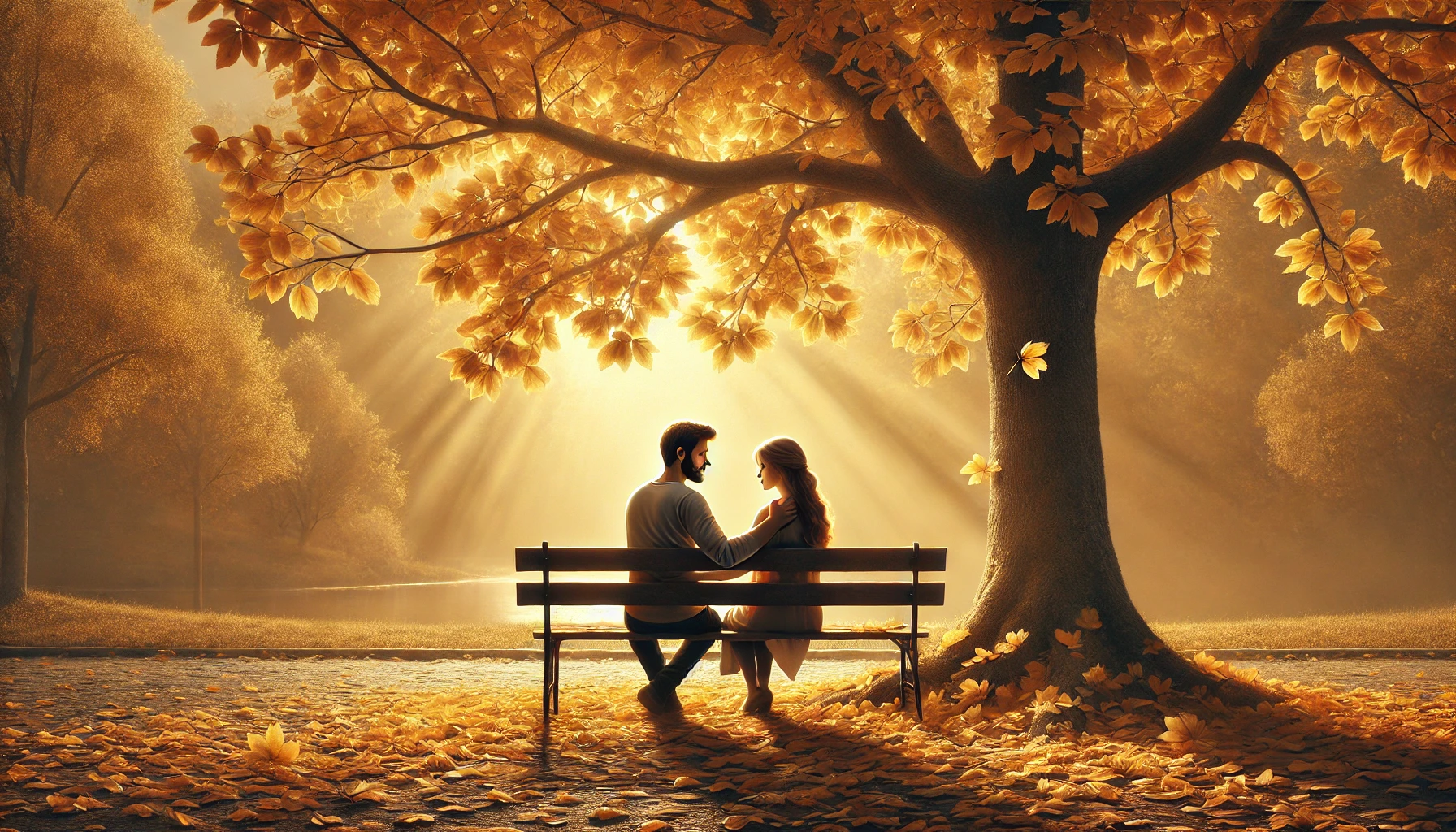 A couple sitting together on a park bench under a large tree in autumn.