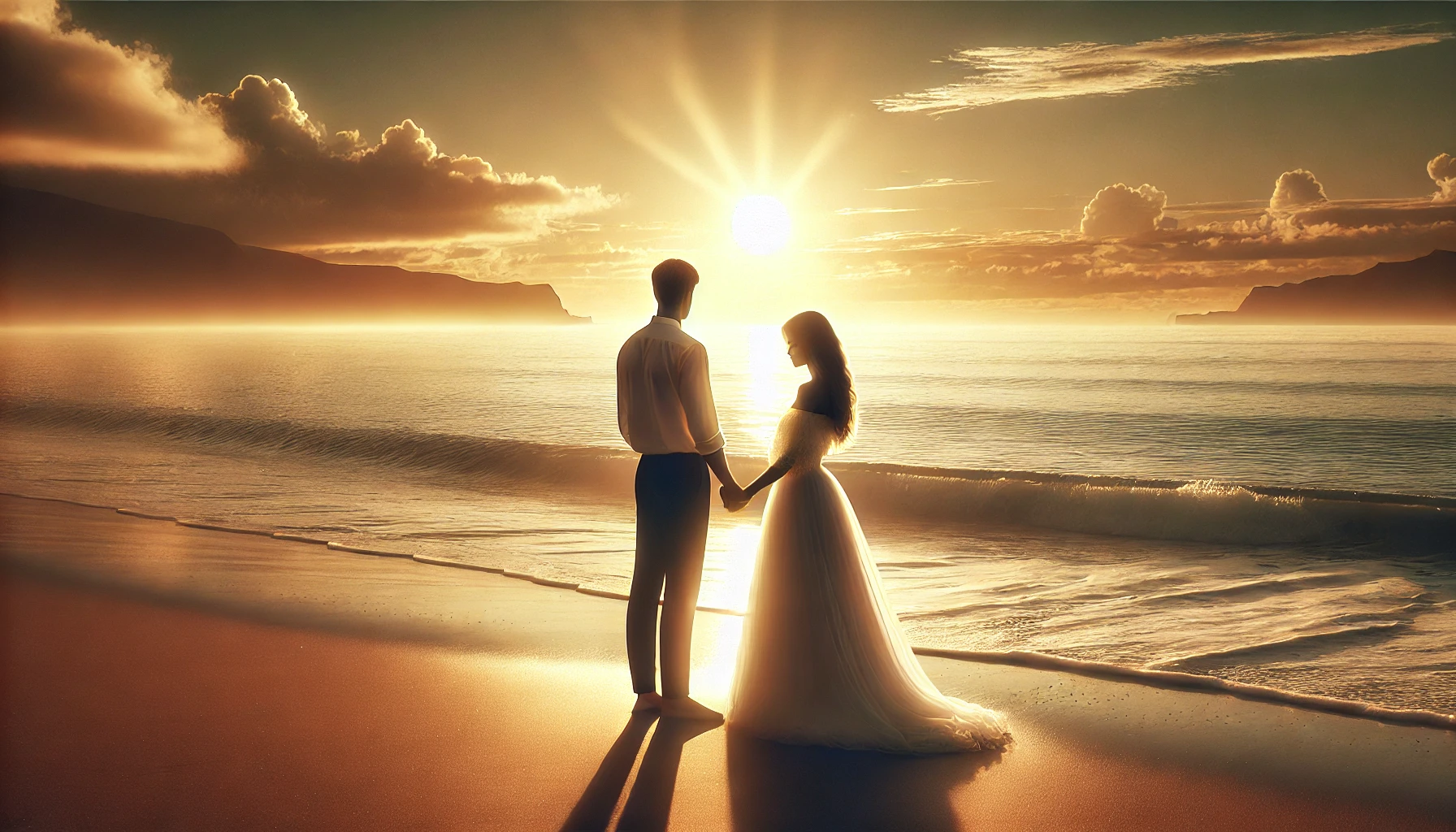 A couple standing on a beach at sunrise, holding each other closely.