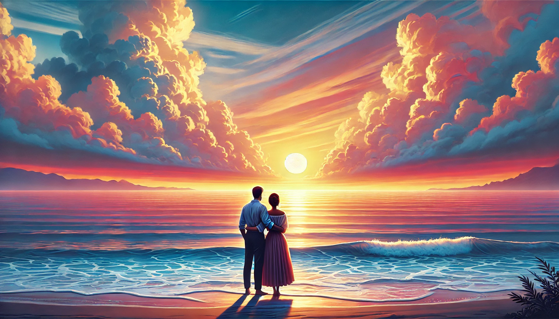 A couple standing together on a beach at sunset.